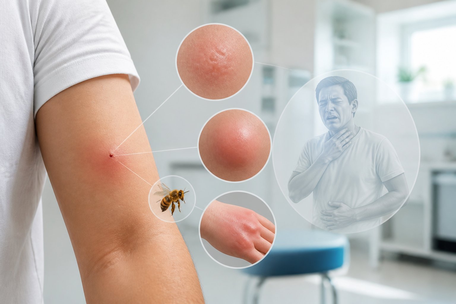Close-up of a human arm with a bee sting mark and visual representations of different side effects around it in a medical setting.