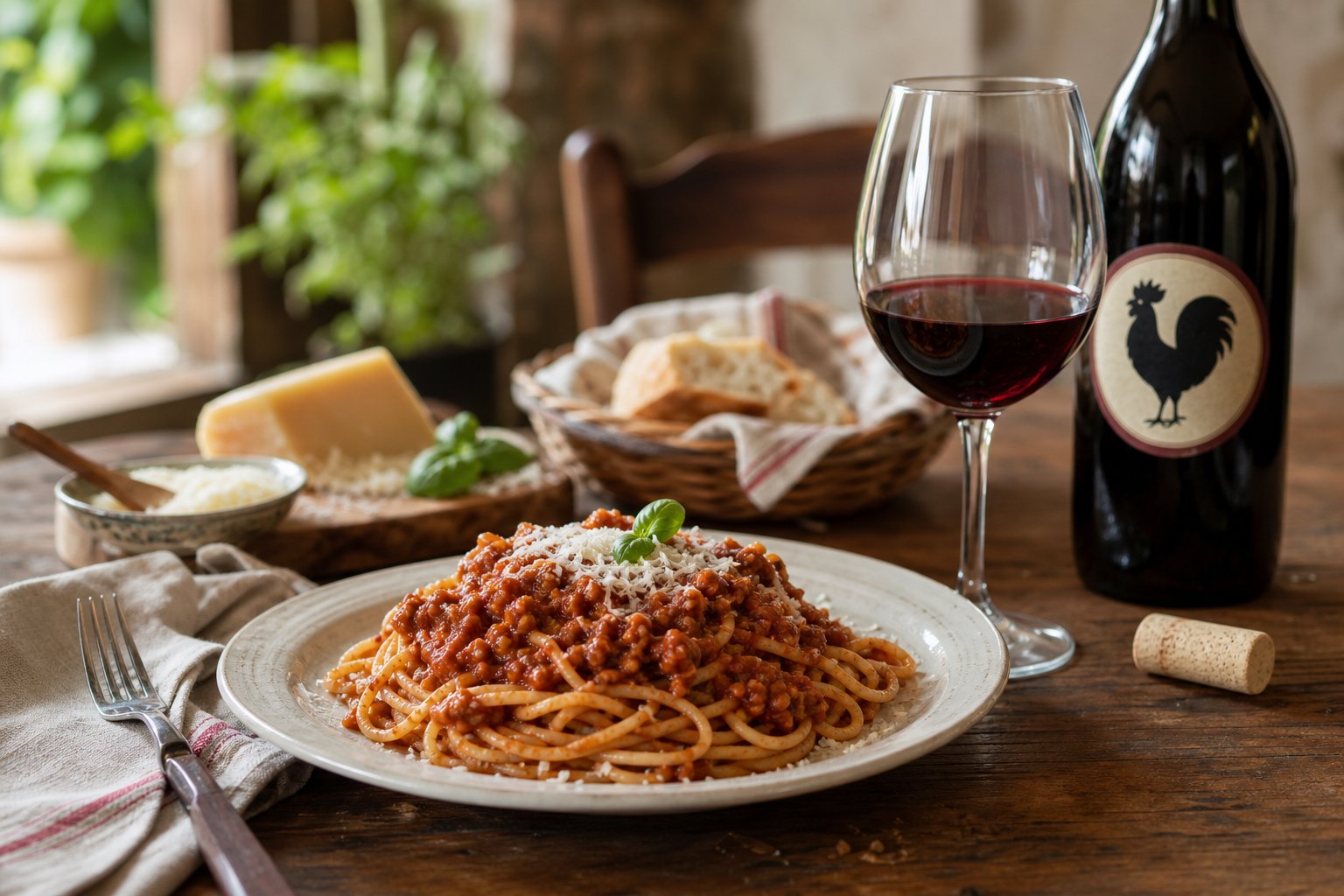 Ein gedeckter Tisch mit einem Teller Spaghetti alla Bolognese und einem Glas Chianti Classico Wein.