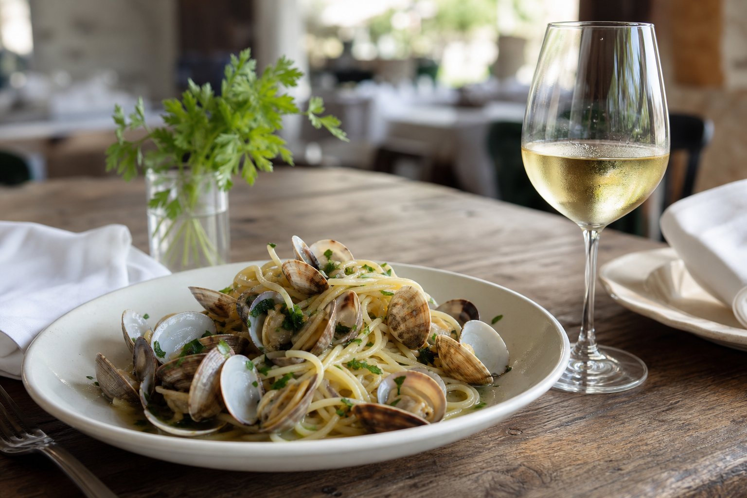 Ein Teller Spaghetti alle Vongole mit einer Glas Soave Classico Weißwein auf einem Holztisch in einem Restaurant.