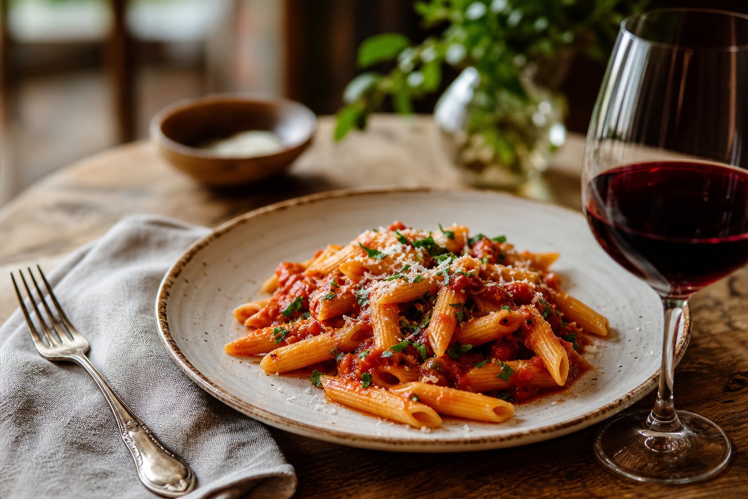 Ein Teller Penne all’Arrabbiata mit roter Tomatensauce und Petersilie, daneben ein Glas Barbera d’Alba Wein auf einem Holztisch.