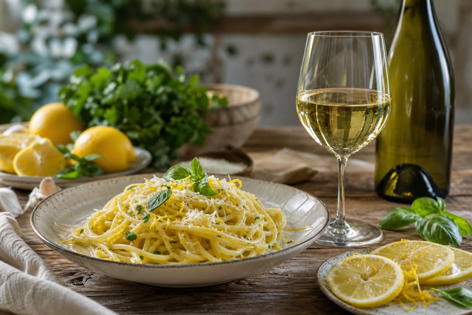 Ein Teller Zitronenpasta neben einem Glas Verdicchio-Weißwein auf einem Holztisch mit frischen Zutaten im Hintergrund.