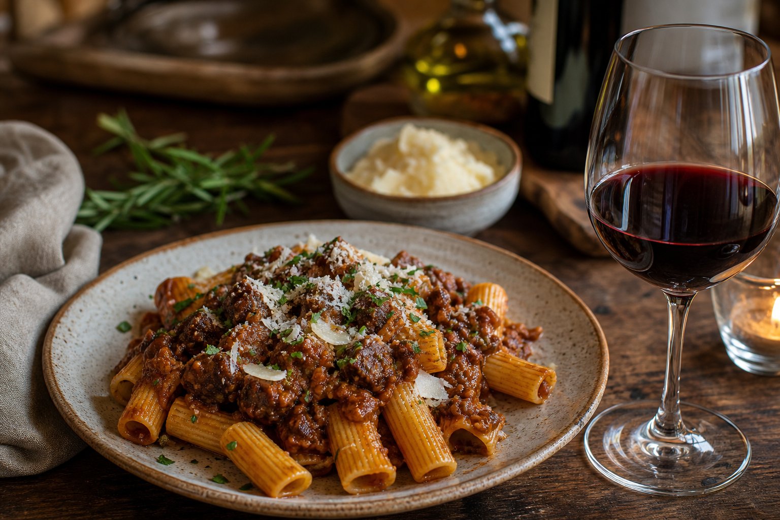 Ein Teller Rigatoni mit Wildschweinsoße und ein Glas roter Montepulciano d’Abruzzo Wein auf einem Holztisch.
