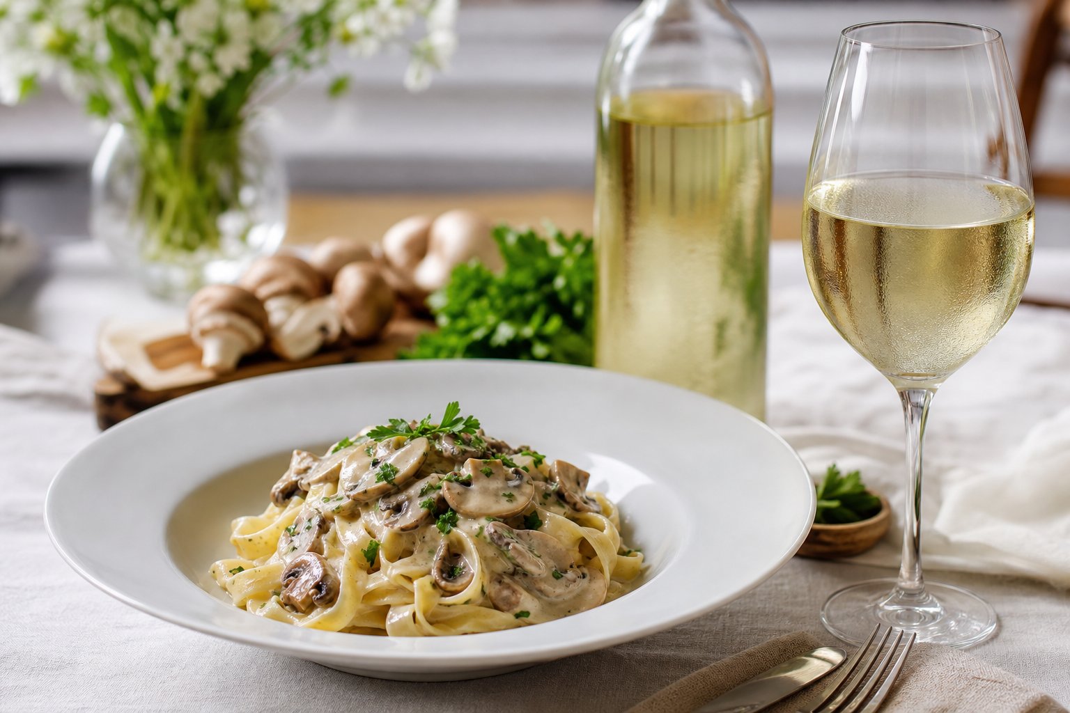Ein Teller Tagliatelle mit Pilzrahmsauce und ein Glas Gavi Weißwein auf einem gedeckten Tisch.