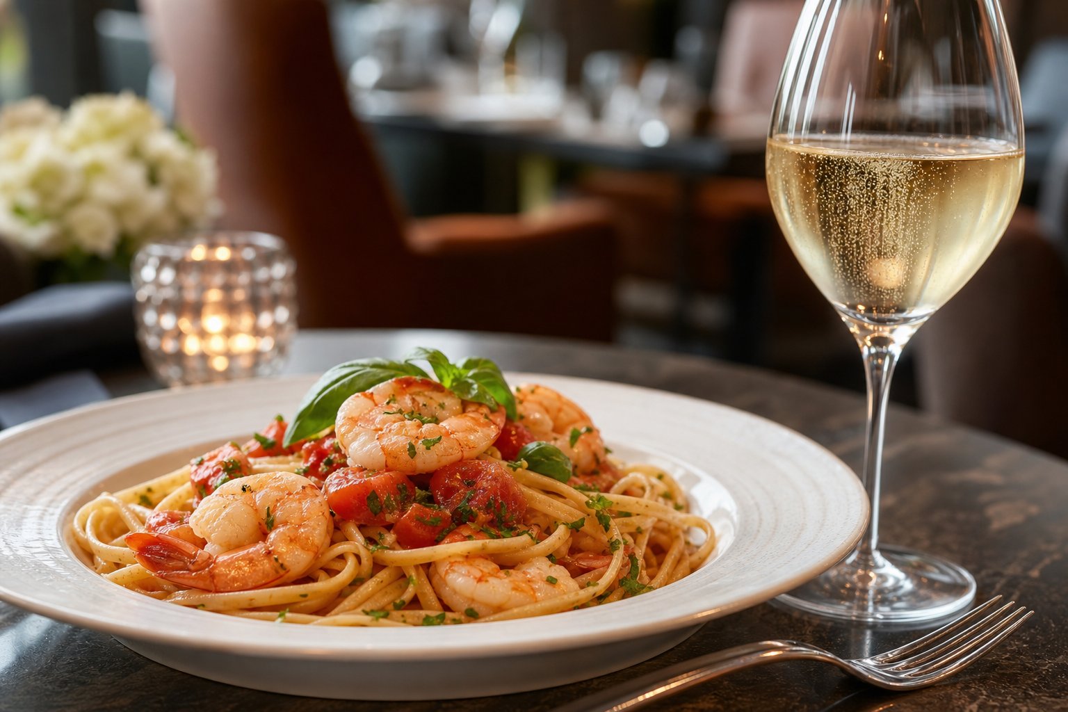 Ein Teller Pasta mit Garnelen und leichter Tomatensauce neben einem Glas Franciacorta Satèn Wein auf einem gedeckten Tisch.