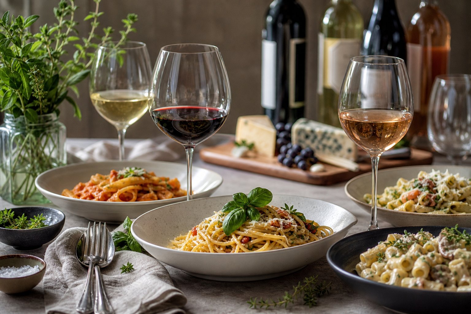 Ein gedeckter Esstisch mit verschiedenen Pasta-Gerichten und dazu passenden Weingläsern, dekoriert mit frischen Kräutern und Weinflaschen im Hintergrund.
