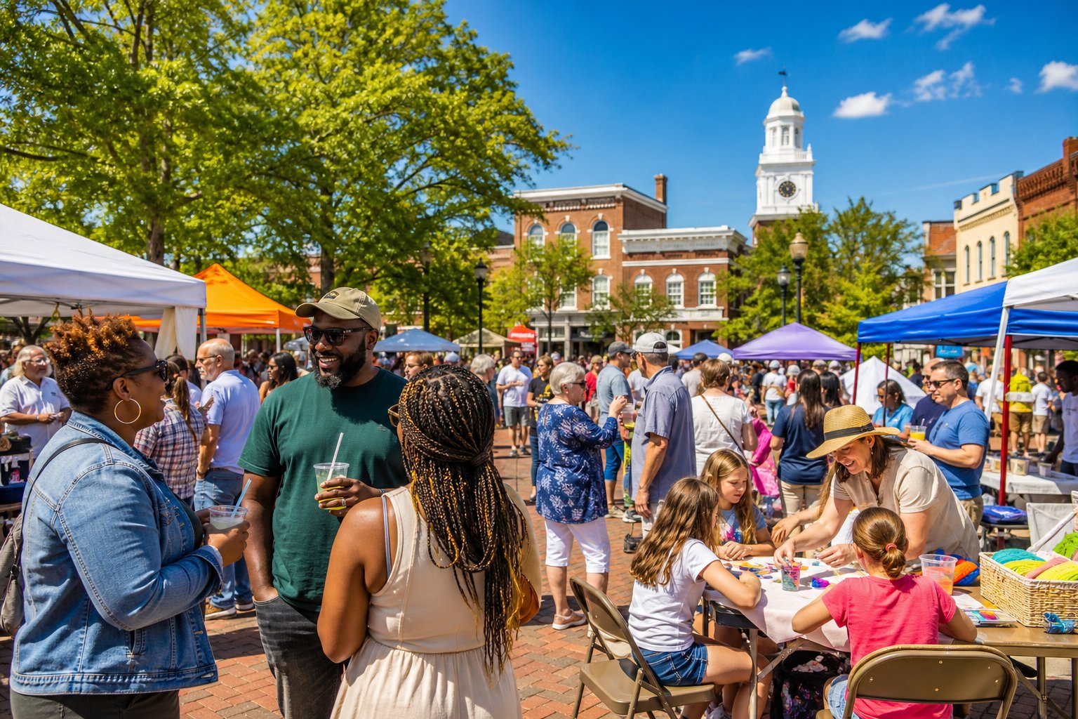 People of various ages enjoying an outdoor community event with vendor stalls and activities in a small town setting.