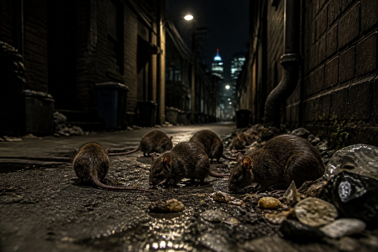 A group of rats foraging in a dimly lit urban alley at night.