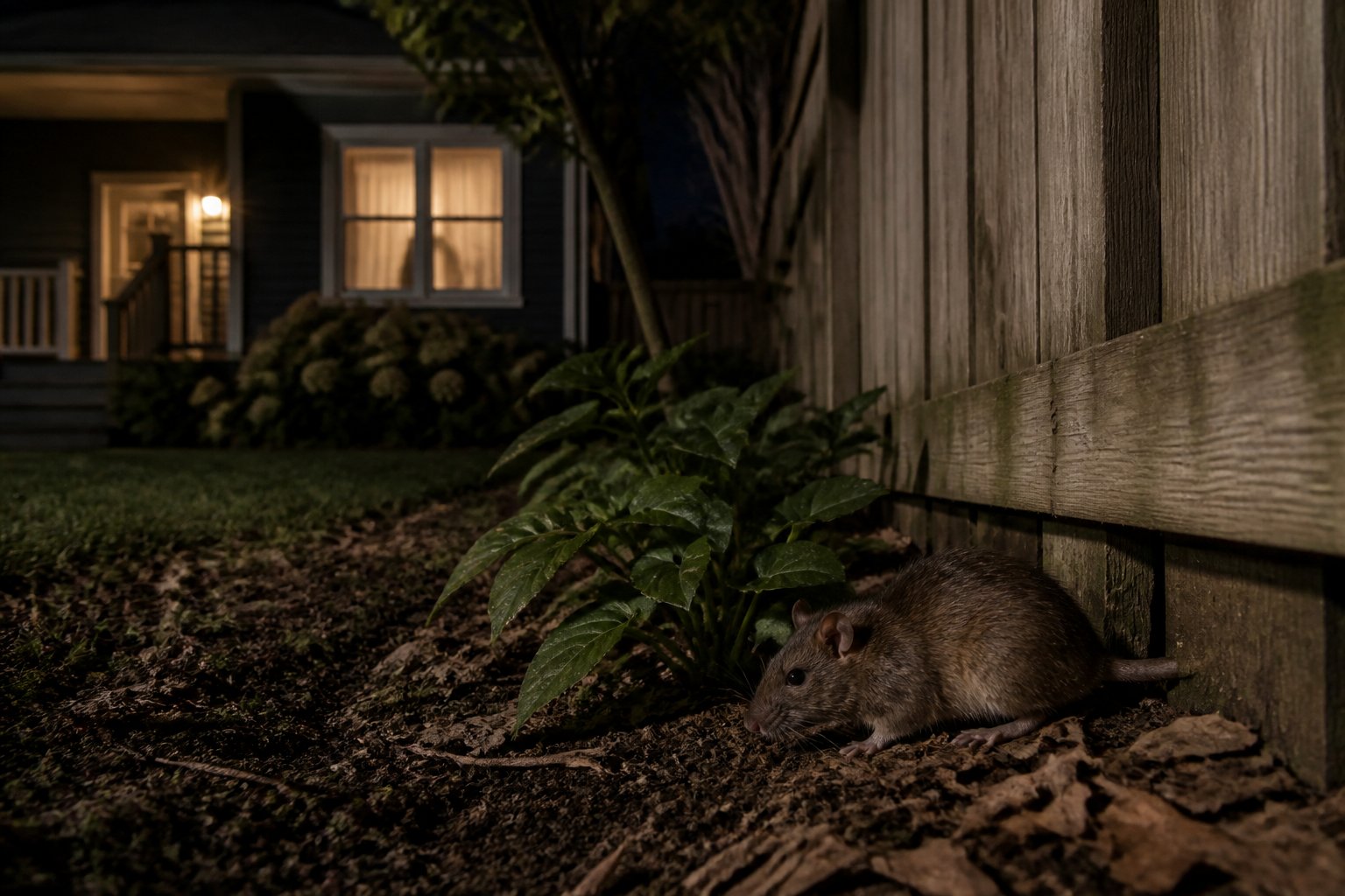 A small brown rat exploring a suburban backyard at night near a wooden fence and garden plants.
