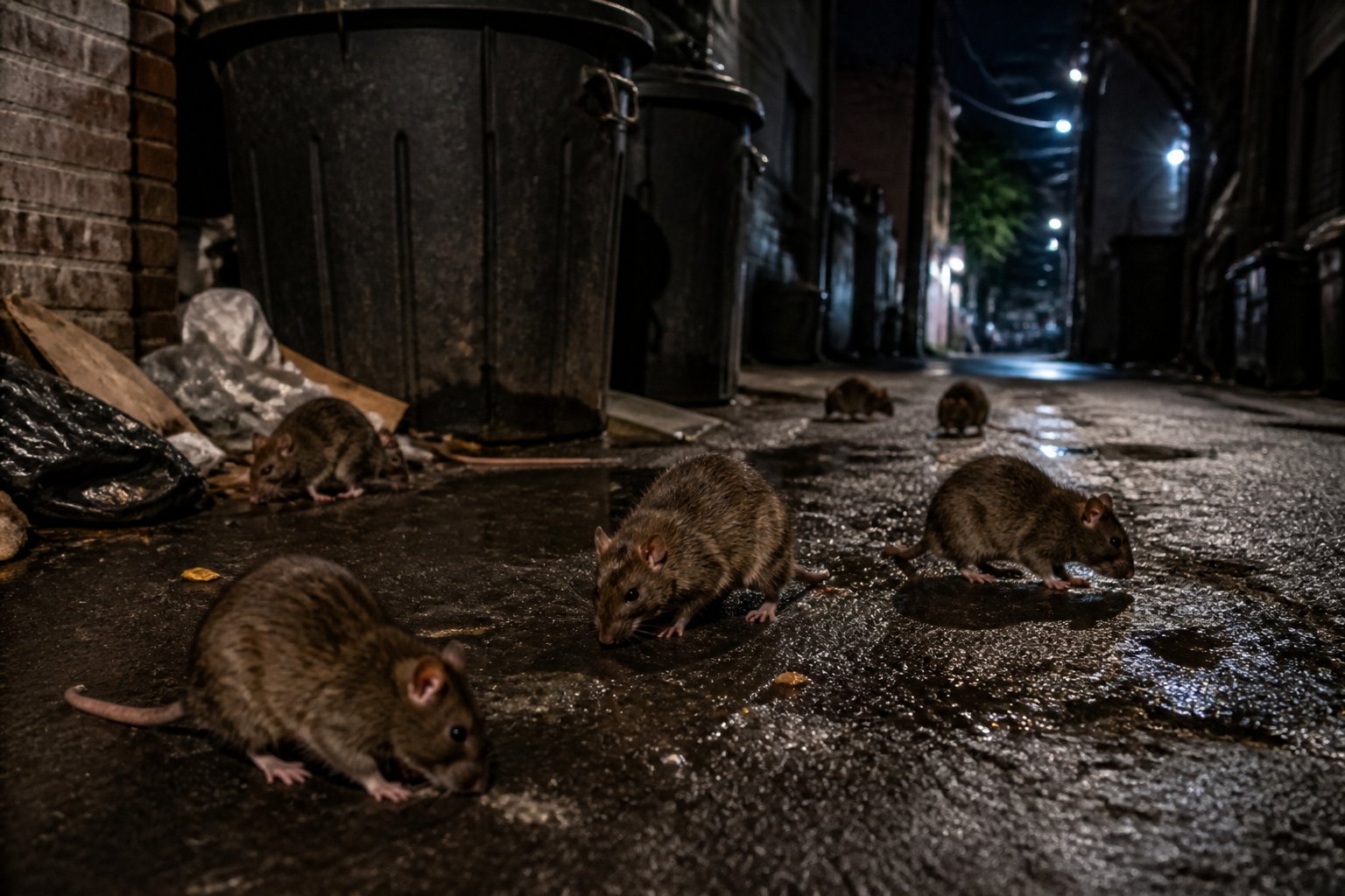 Rats moving around trash bins in a dimly lit urban alley at night.