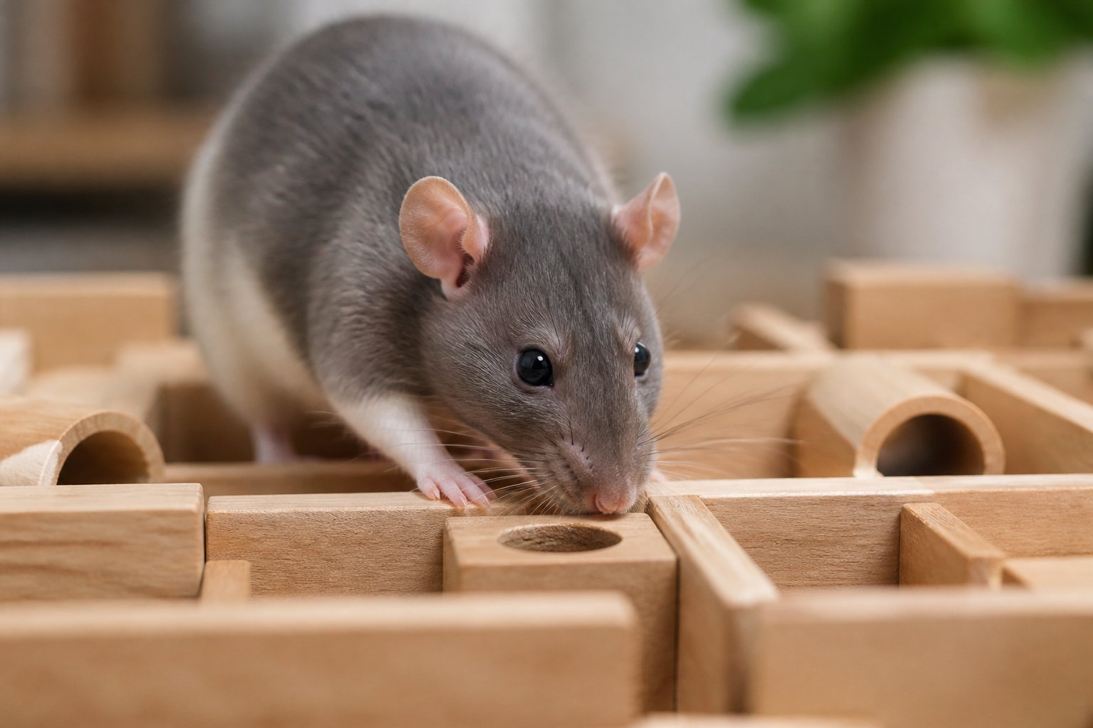 A close-up of a rat exploring a small wooden maze, showing curiosity and intelligence.