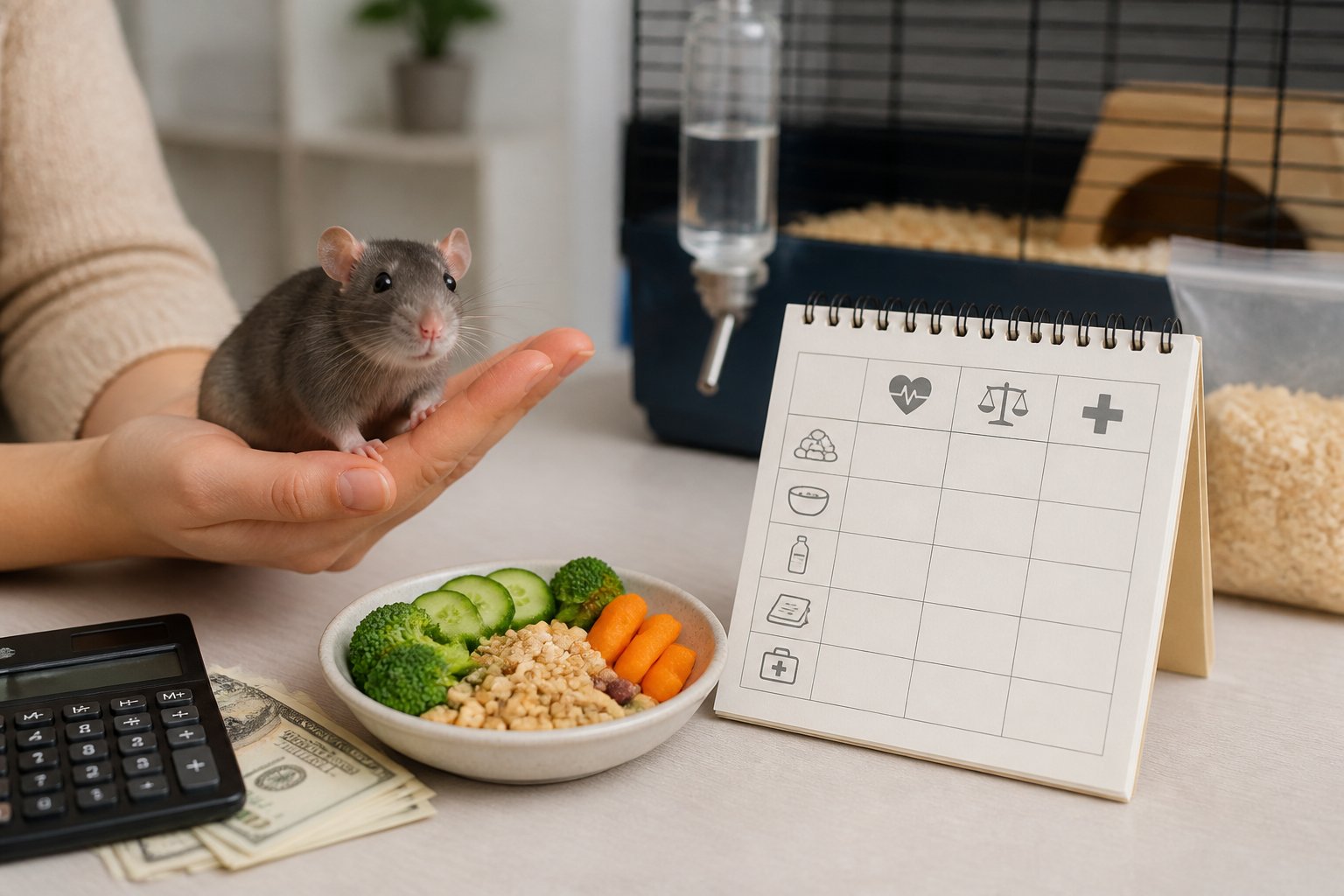 A person holding a calm pet rat with fresh vegetables and pet care items nearby on a table.
