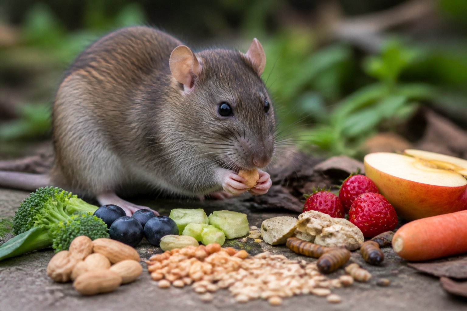 A rat surrounded by various foods including fruits, vegetables, grains, and insects in a natural setting.