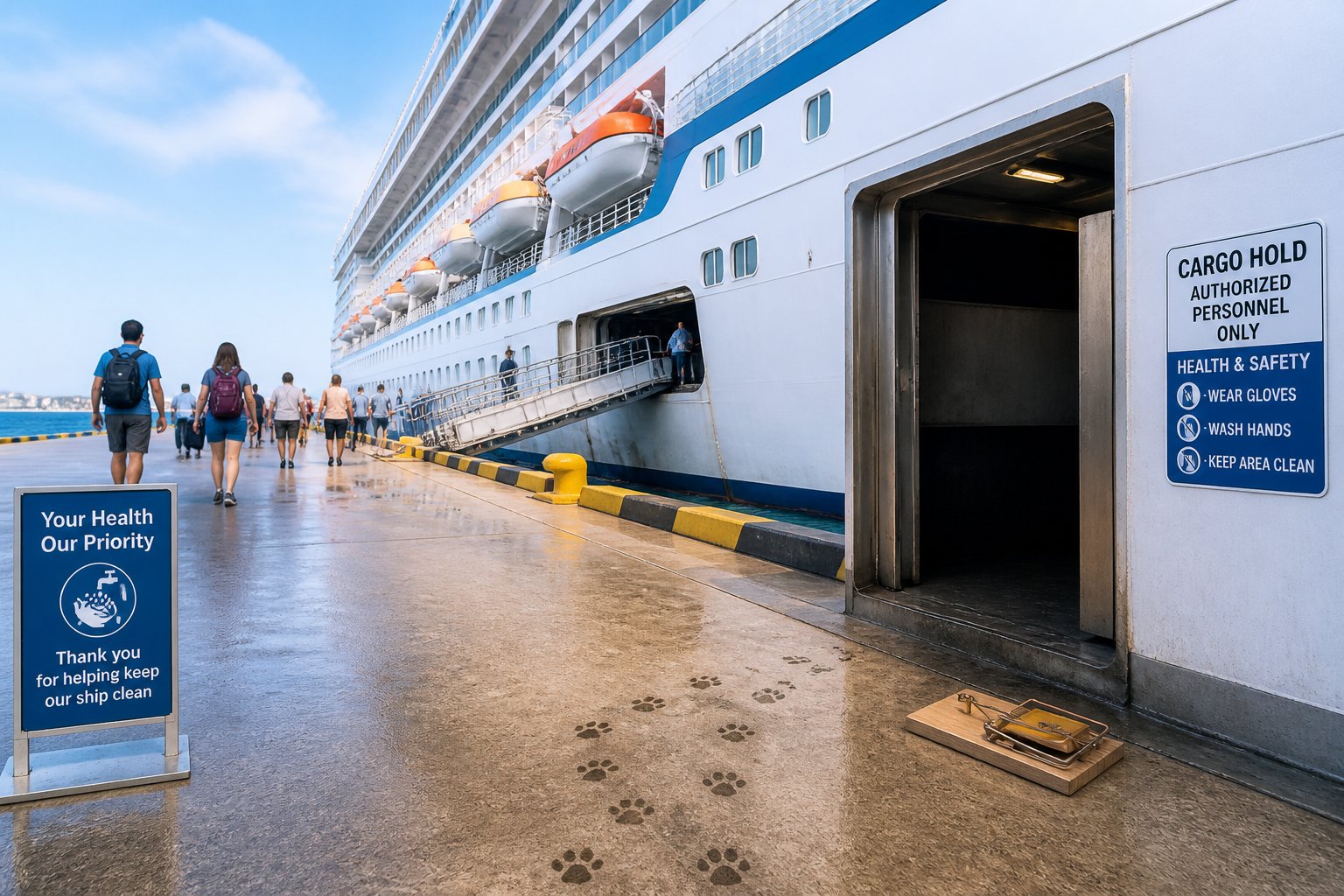 A cruise ship docked at a harbor with subtle signs of rats near the loading area and passengers boarding.