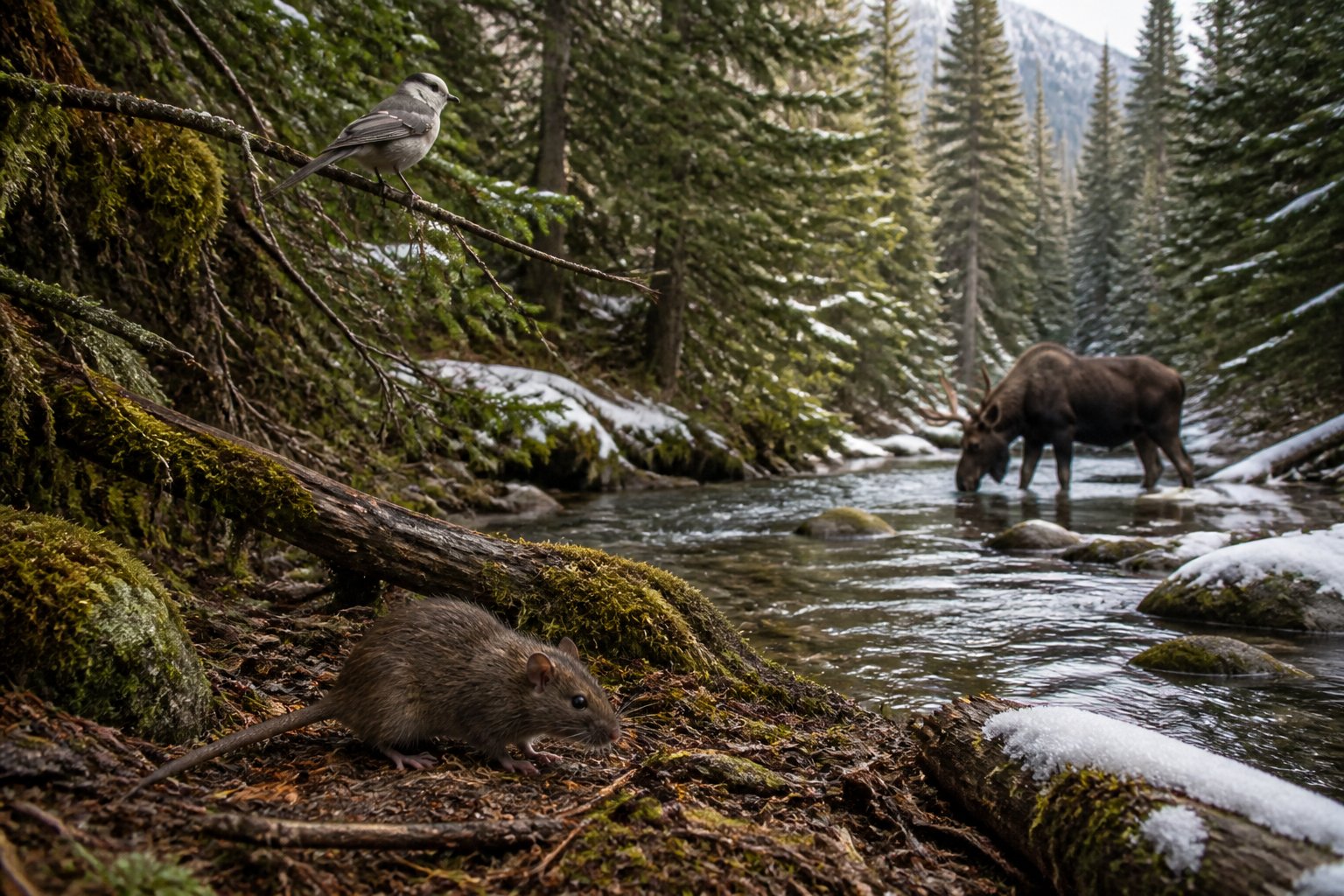 A small brown rat on the forest floor near a stream in an Alaskan wilderness with trees, a bird on a branch, and a moose drinking water in the background.