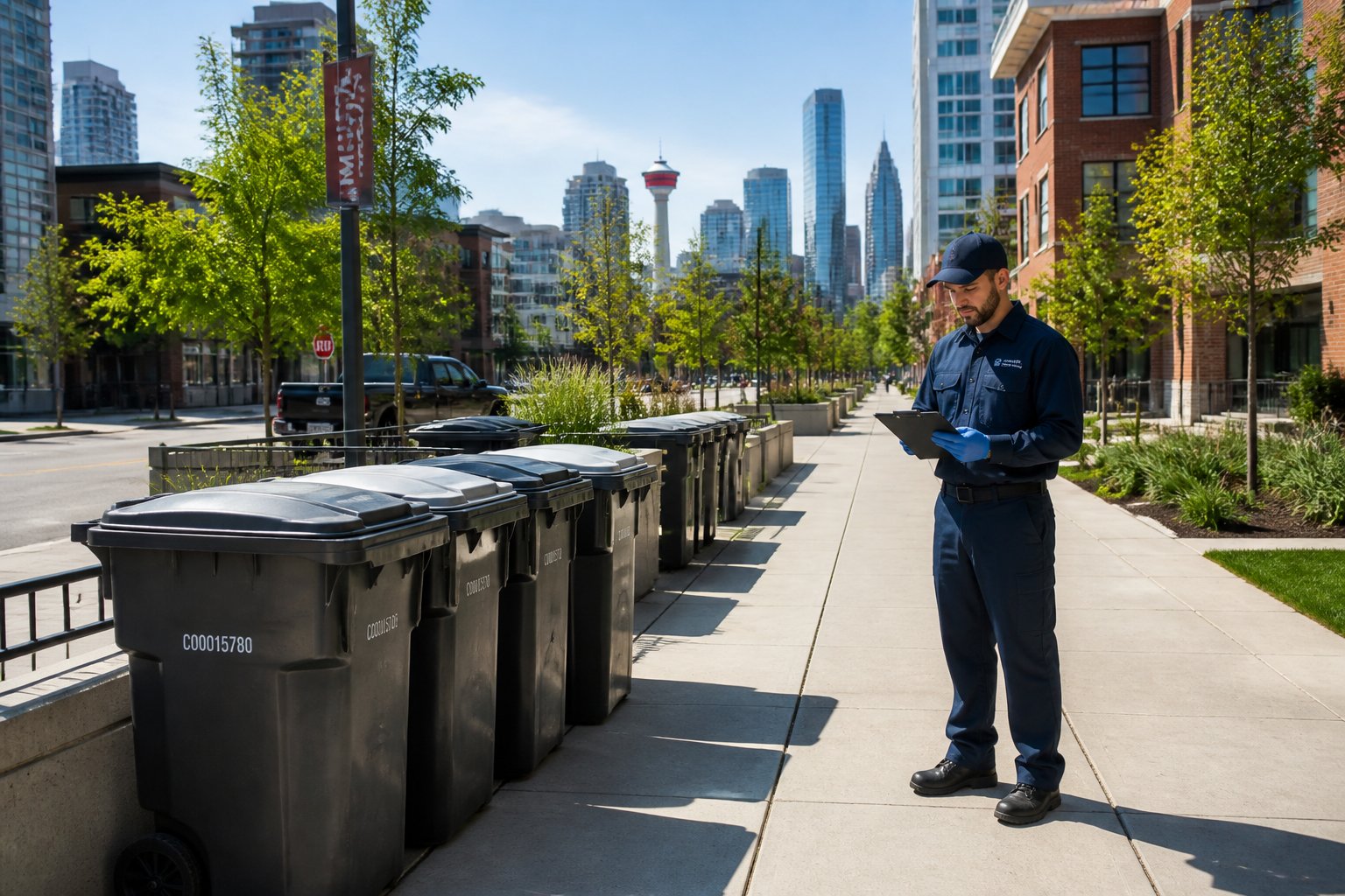 A pest control professional inspects a clean urban street in Alberta with closed trash bins and green spaces, showing efforts to prevent rat populations.