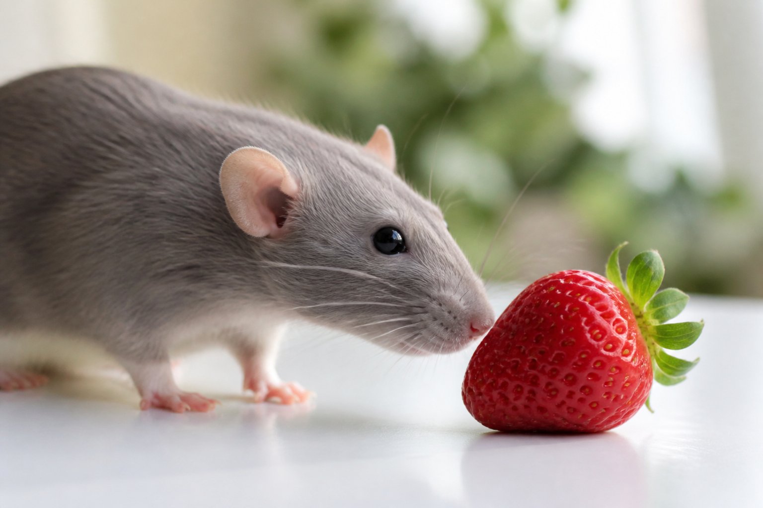 A pet rat sniffing a fresh strawberry on a white surface.