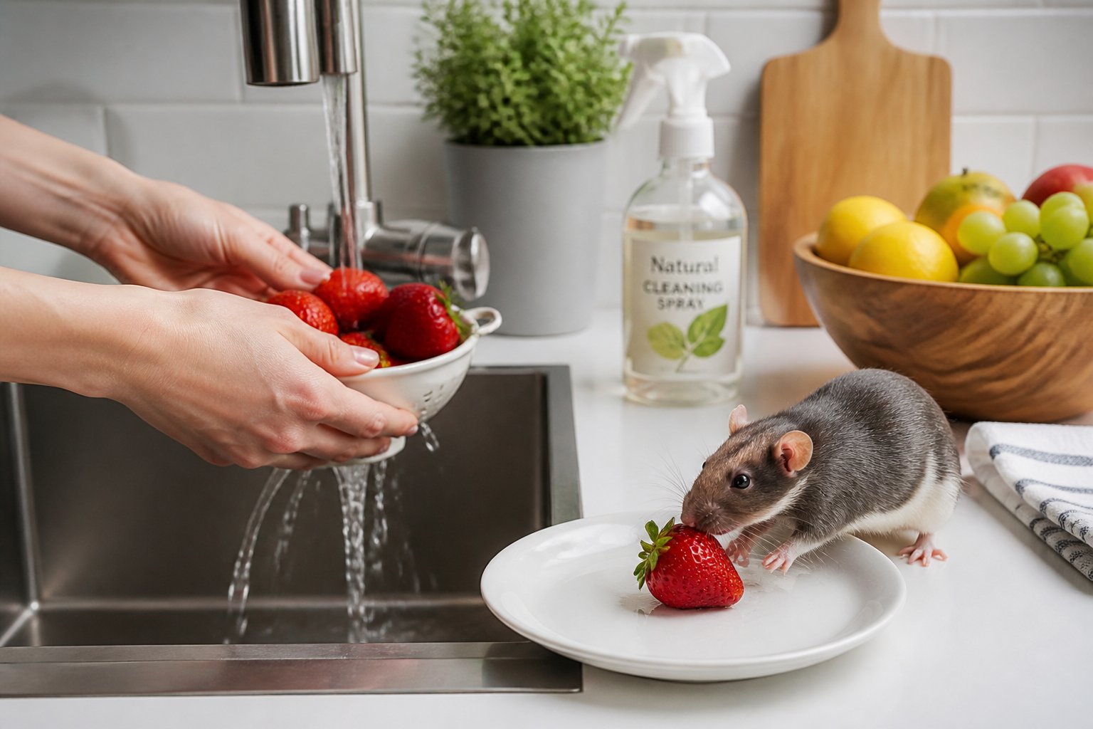 Hands washing strawberries in a kitchen sink while a pet rat sniffs a strawberry on a plate nearby.