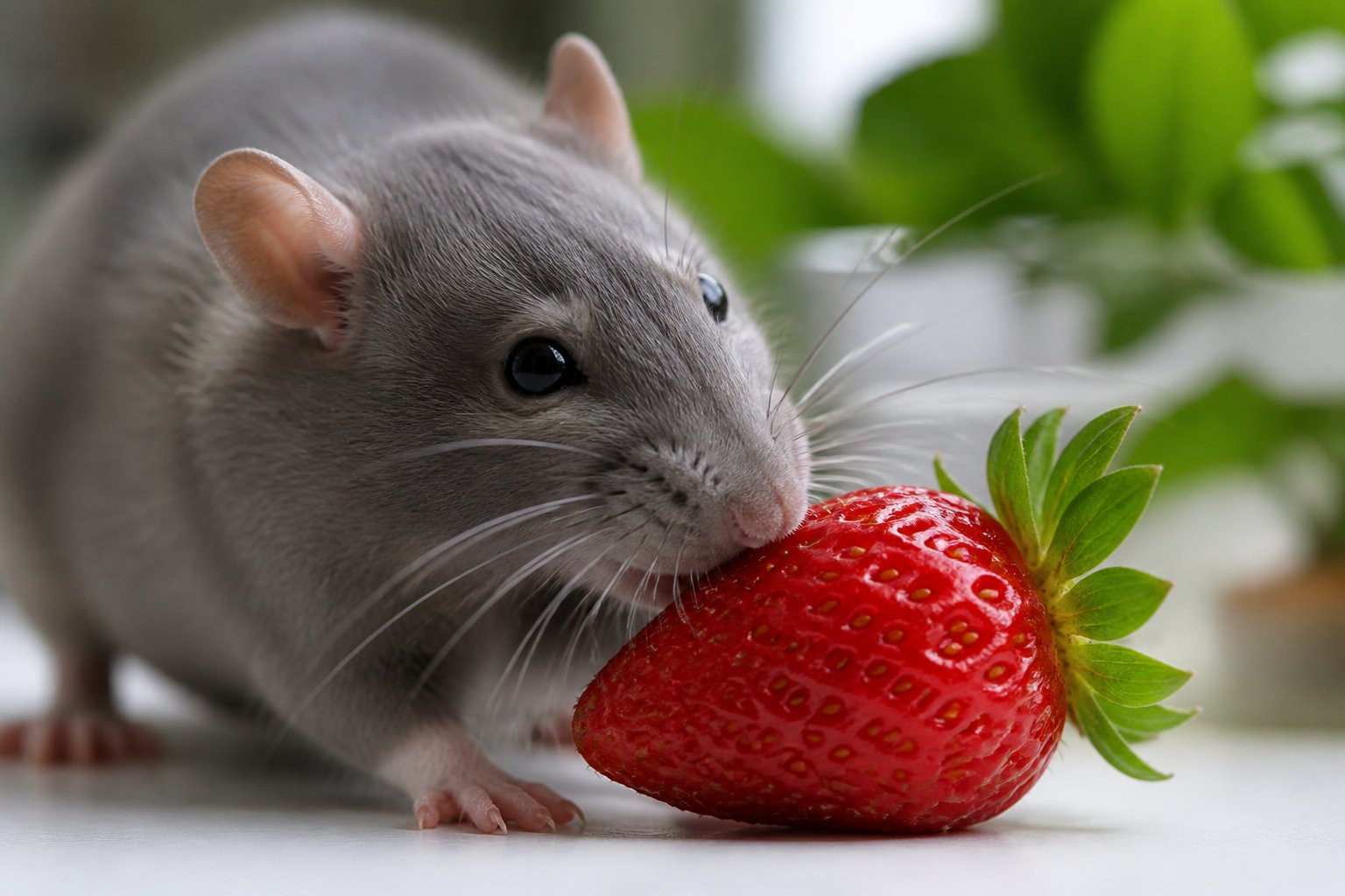 A rat sniffing and nibbling on a fresh strawberry on a white surface.