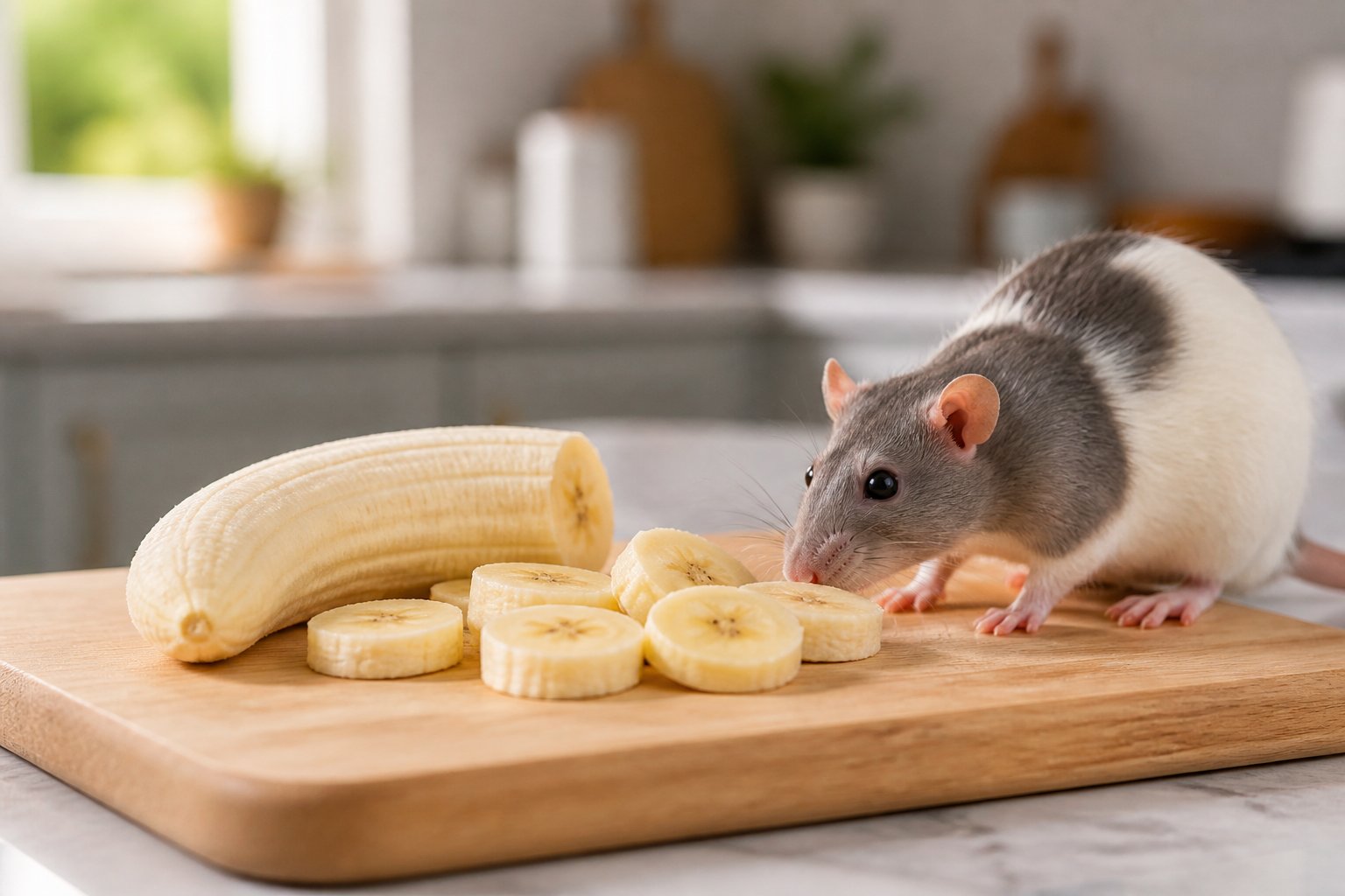 A pet rat sniffing small banana slices arranged on a wooden cutting board in a bright kitchen.