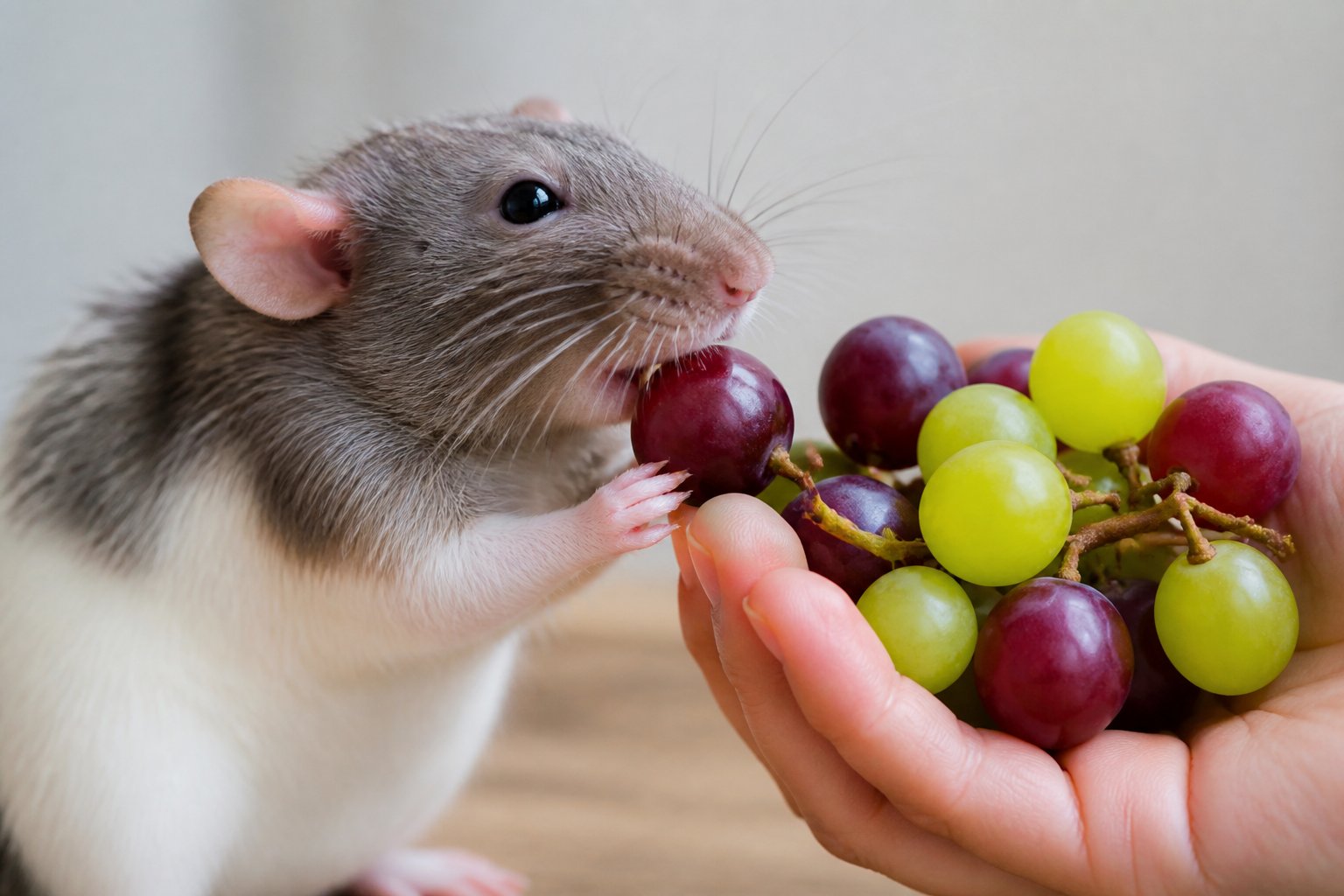 A pet rat nibbling on grapes held by a human hand indoors.