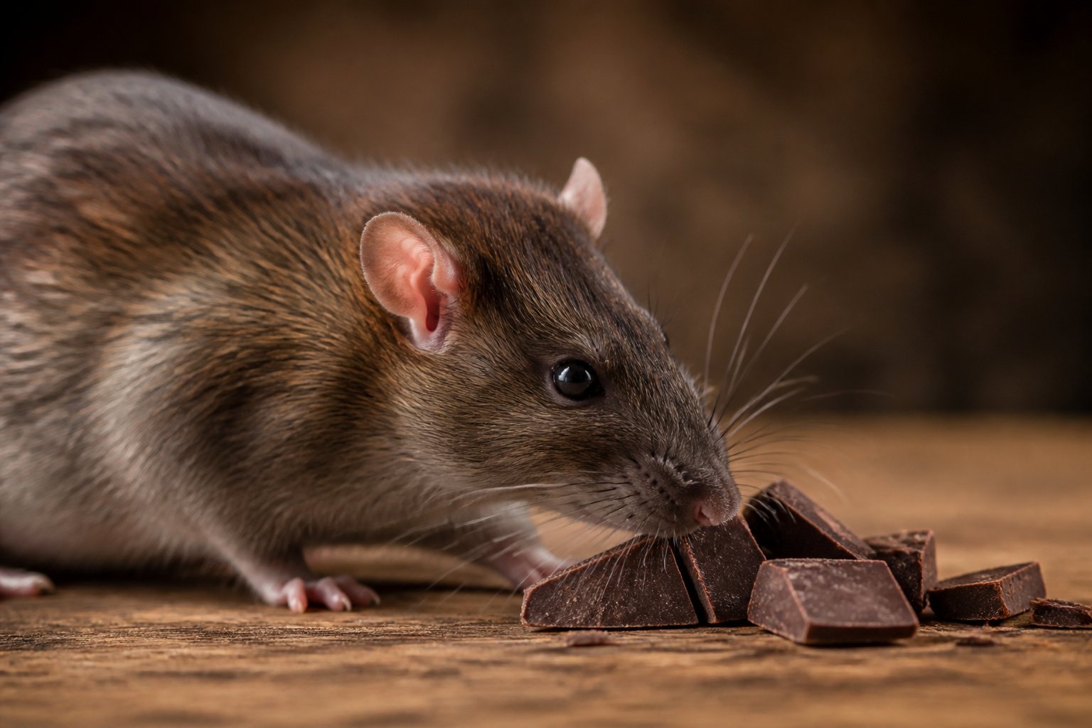 A brown rat sitting on a wooden surface near pieces of dark chocolate, sniffing the chocolate.
