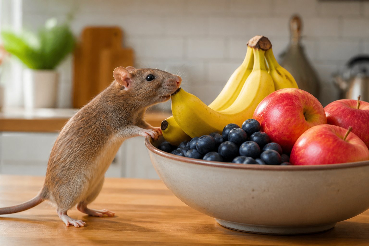 A brown rat near a bowl of fresh apples, bananas, and blueberries on a kitchen countertop.
