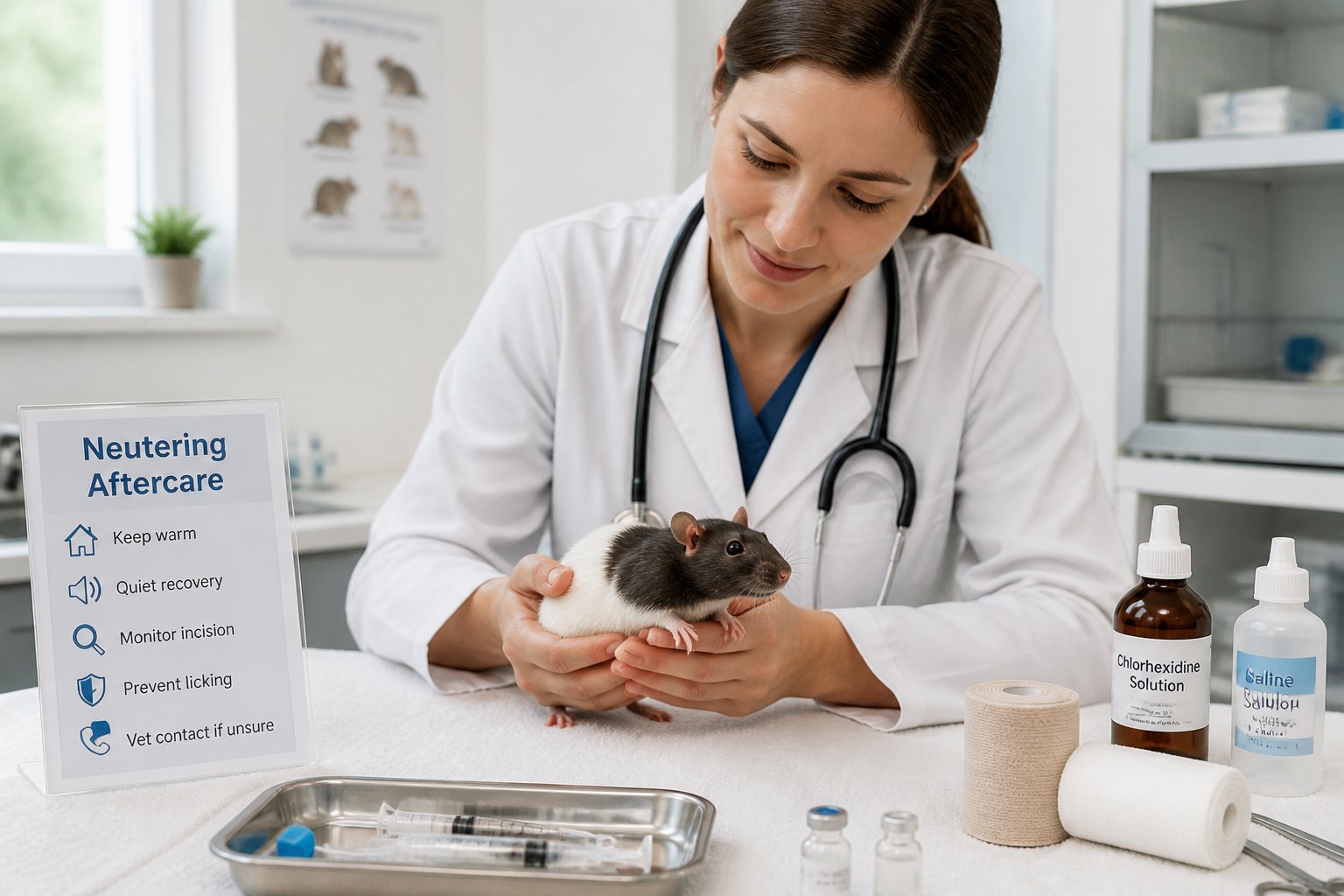 A veterinarian gently holding a pet rat on an examination table in a clean veterinary clinic with medical supplies nearby.