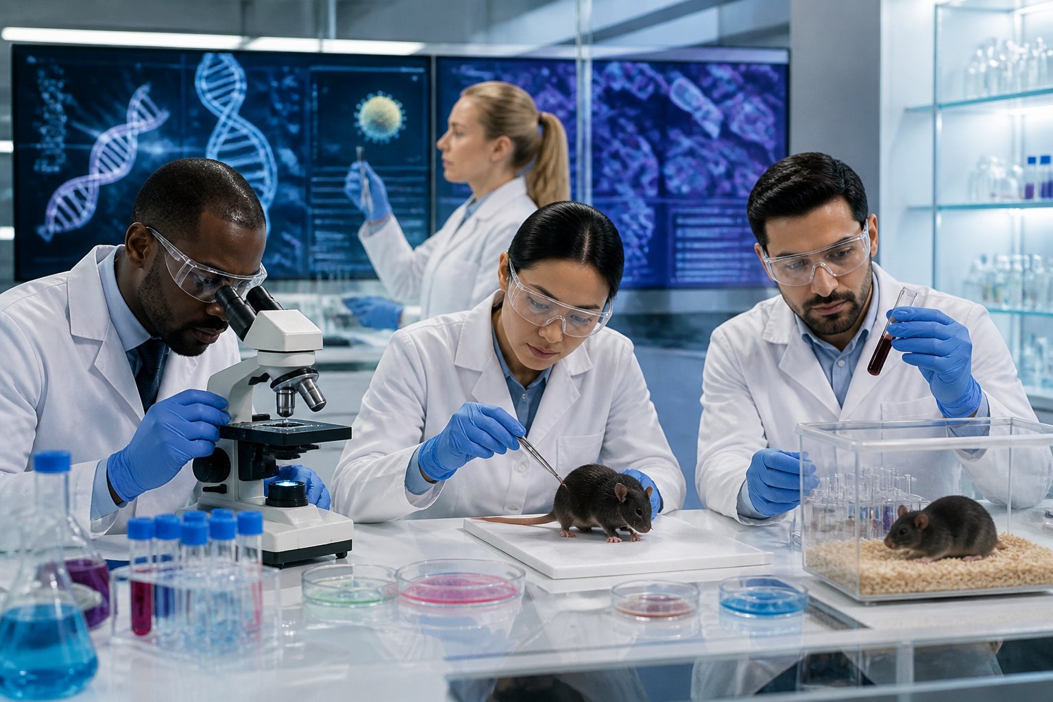 Researchers in a modern lab examining rat specimens and microscopic samples related to disease transmission.