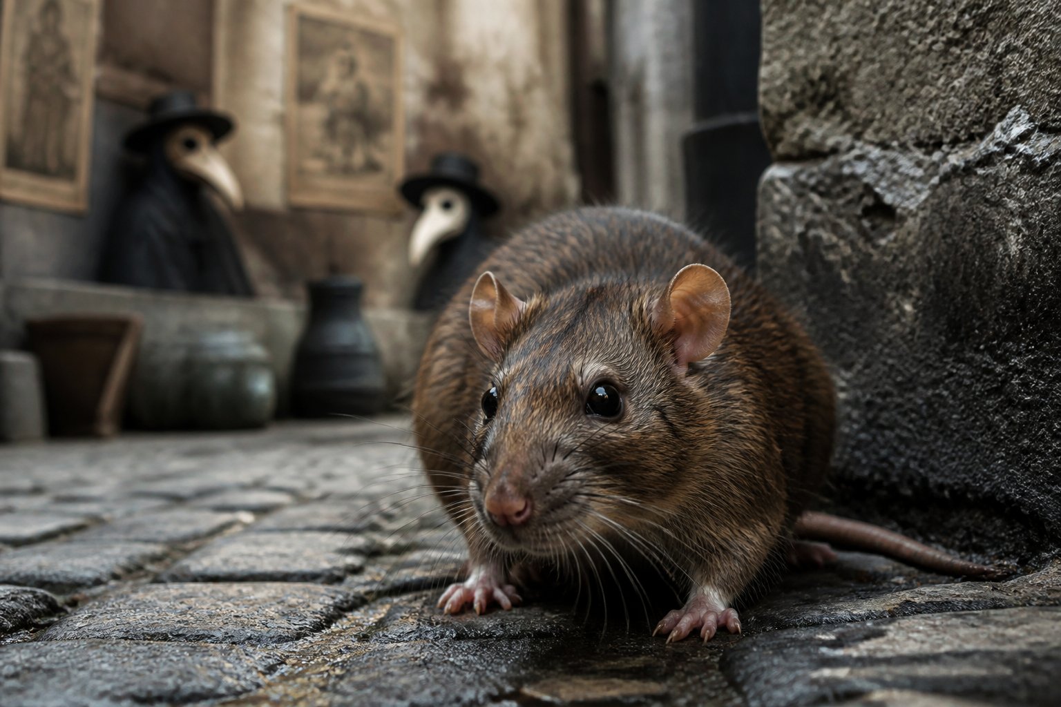 Close-up of a brown rat in an urban alleyway with blurred historical medical objects in the background.