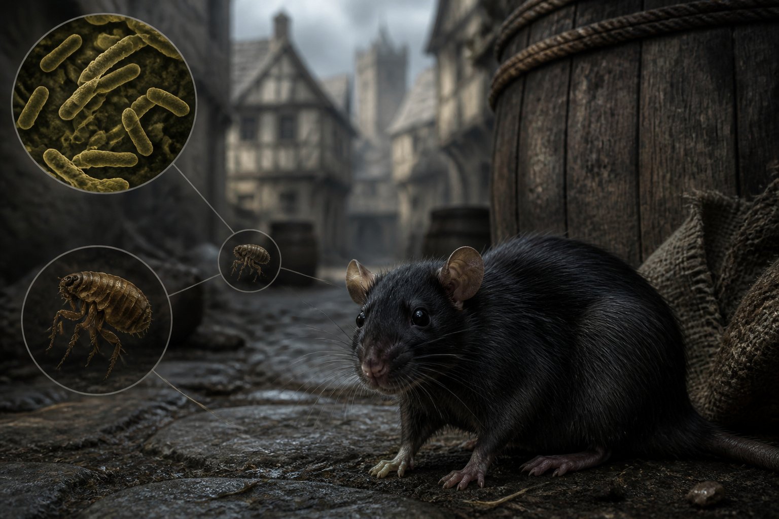 A close-up of a black rat in an old stone alleyway with a blurred medieval town in the background.