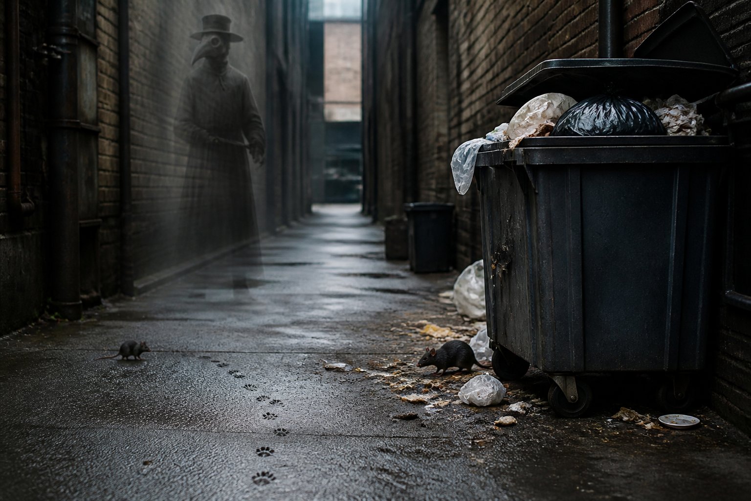 An urban alleyway with signs of rats near trash bins and a faint, ghostly figure of a medieval plague doctor in the background.