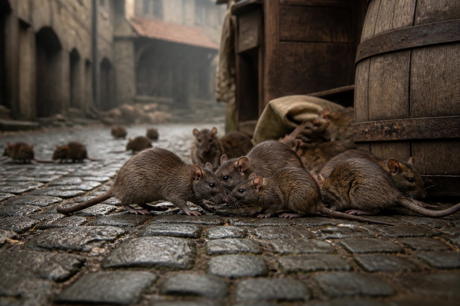 A group of brown rats exploring a cobblestone street in an old village setting.