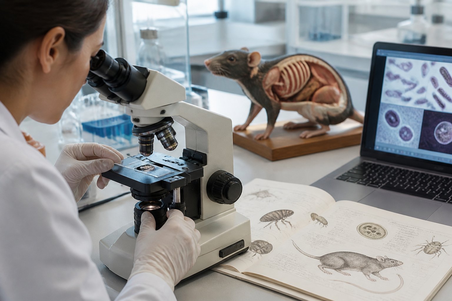 A scientist in a lab coat examines parasite samples under a microscope with a rat model and scientific equipment in the background.