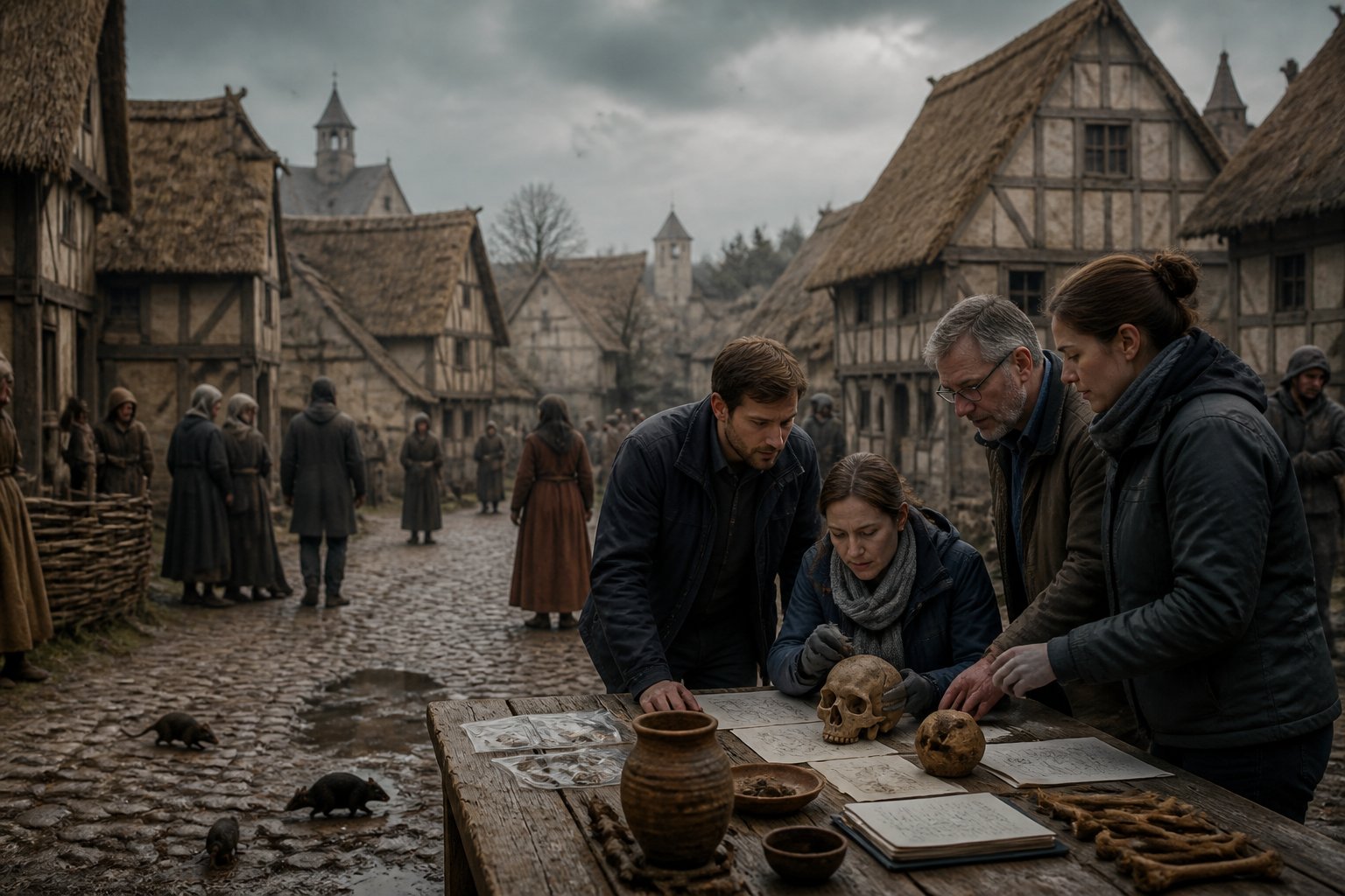 Historians and scientists examining medieval artifacts outdoors in a medieval European village with black rats nearby.