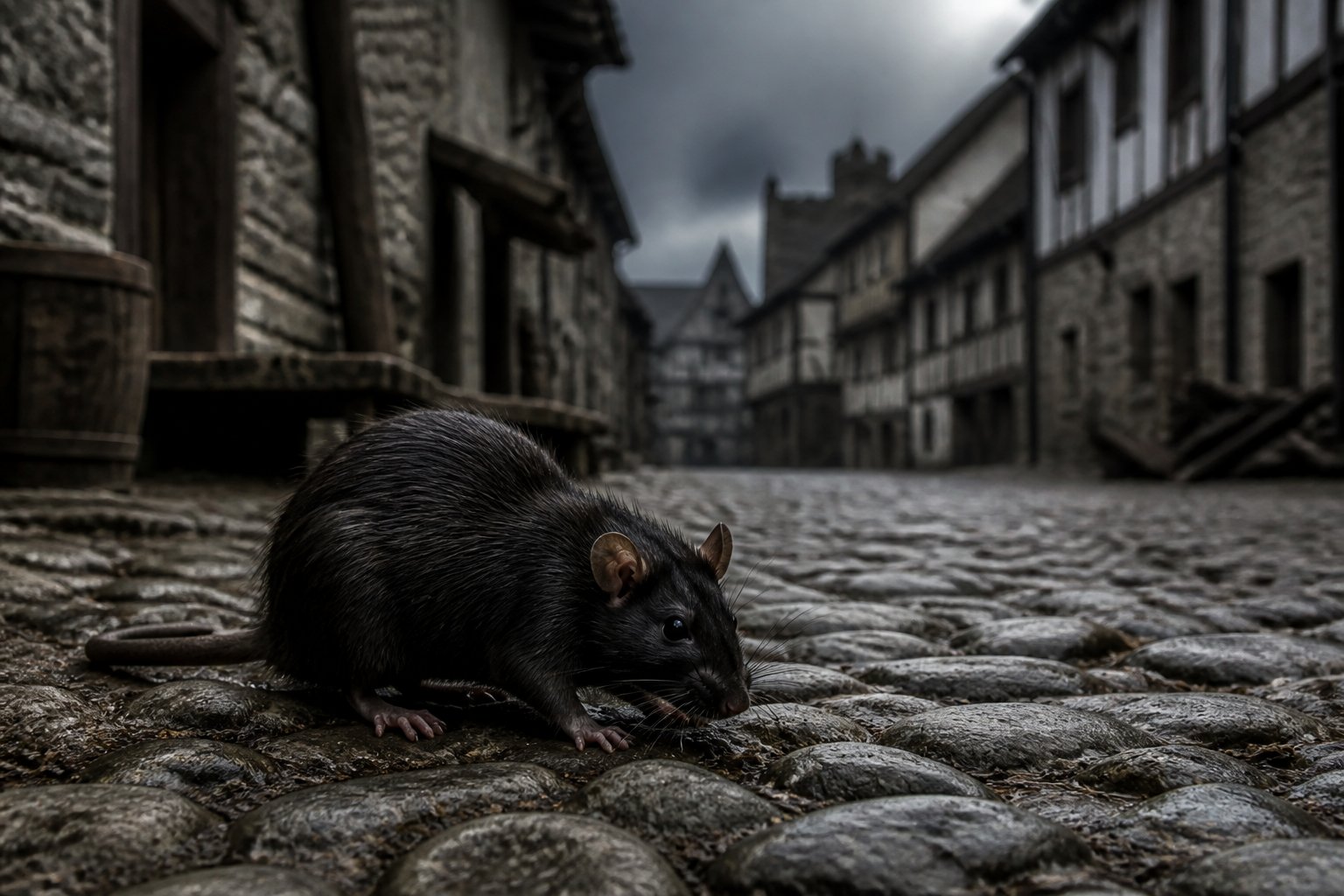 A black rat sitting on old cobblestone streets with a blurred medieval village in the background under a cloudy sky.