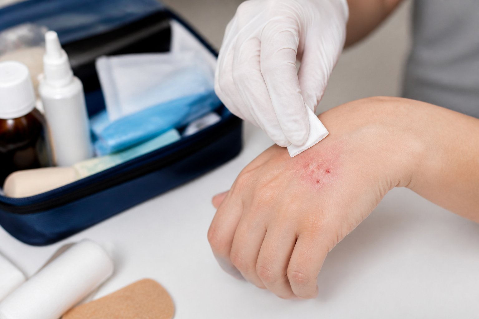A person cleaning a small scratch on their hand with an antiseptic wipe in a clean medical setting.