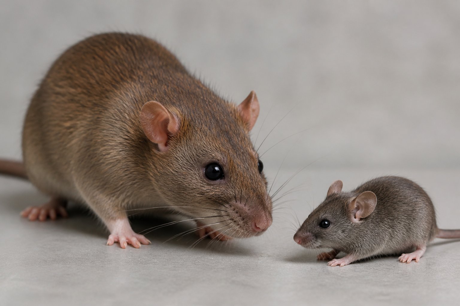 A brown rat and a smaller gray mouse close together on a clean surface, both looking calm and visible in detail.