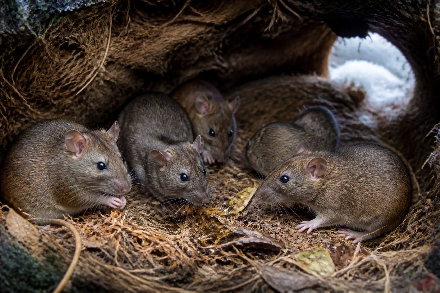 Several rats inside a sheltered burrow surrounded by natural nesting materials during winter.