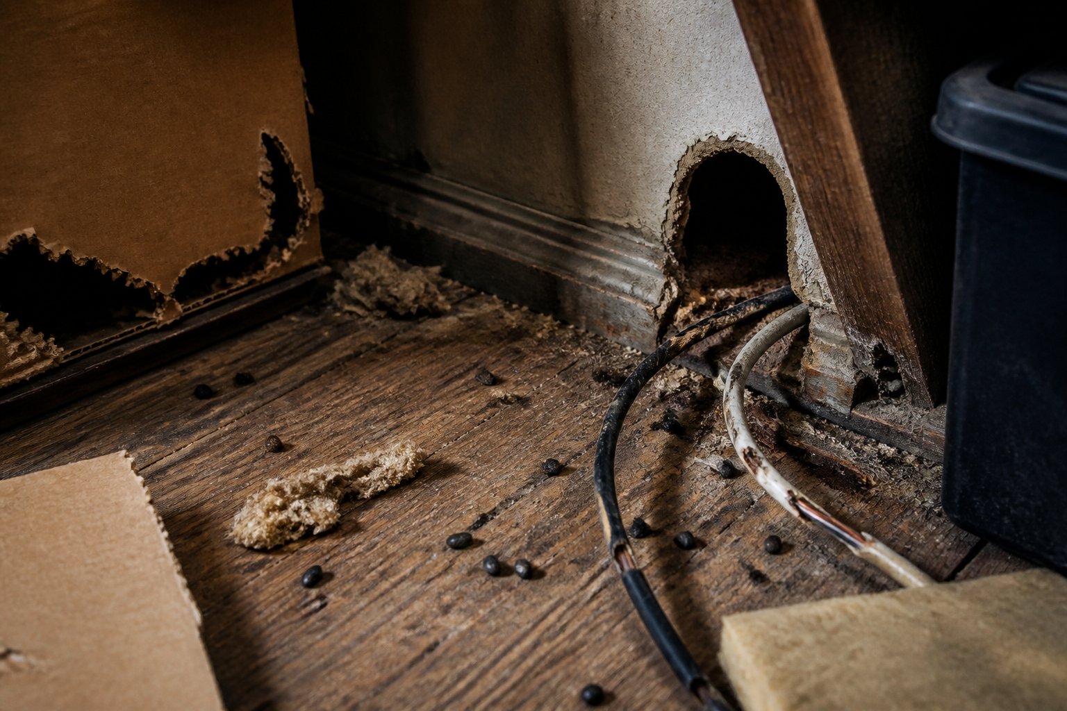 Close-up of a dimly lit indoor corner showing rat droppings, chewed boxes, gnawed wires, and a small hole in the wall.