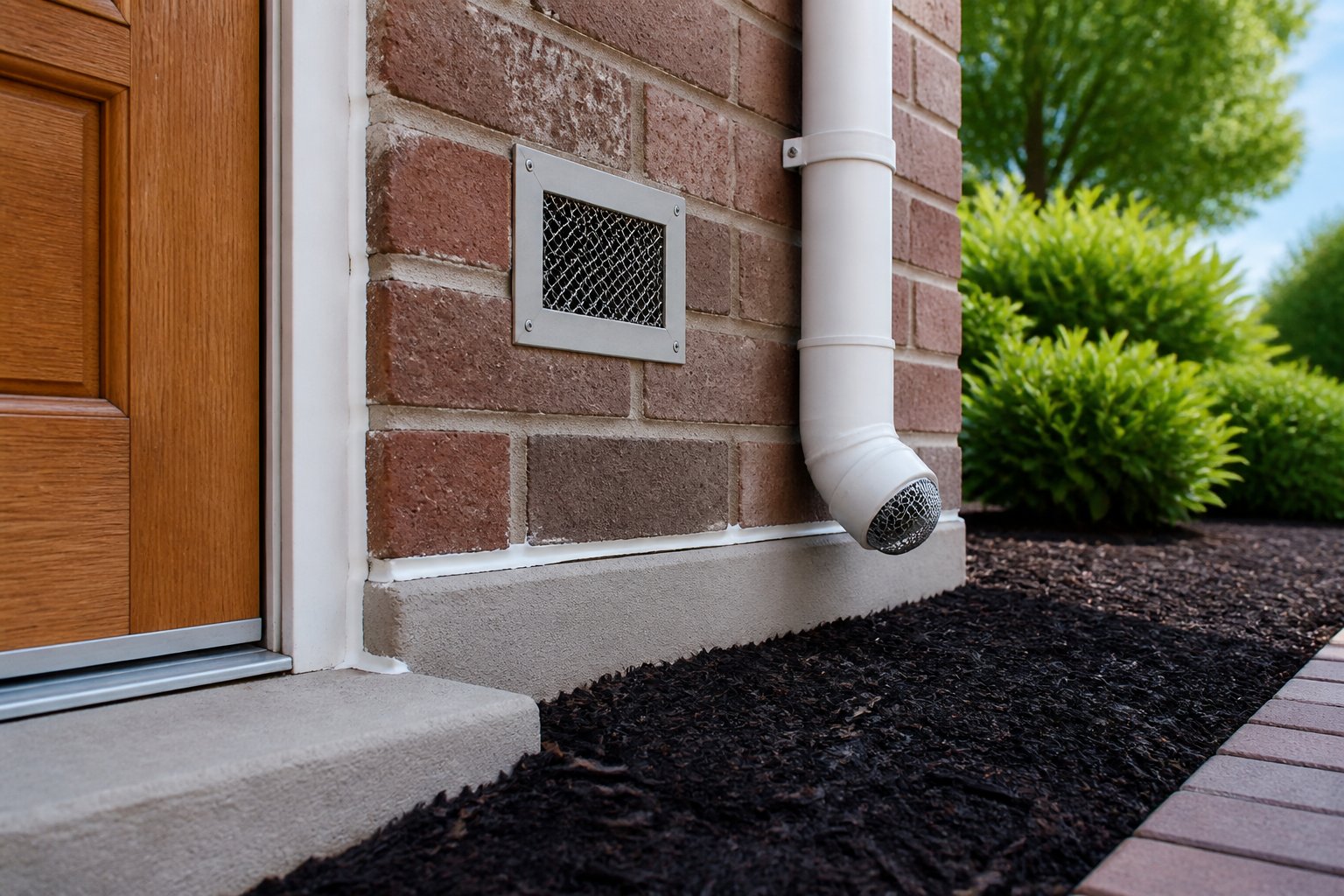 Close-up of a clean house exterior showing sealed gaps and rat prevention measures in a tidy yard.