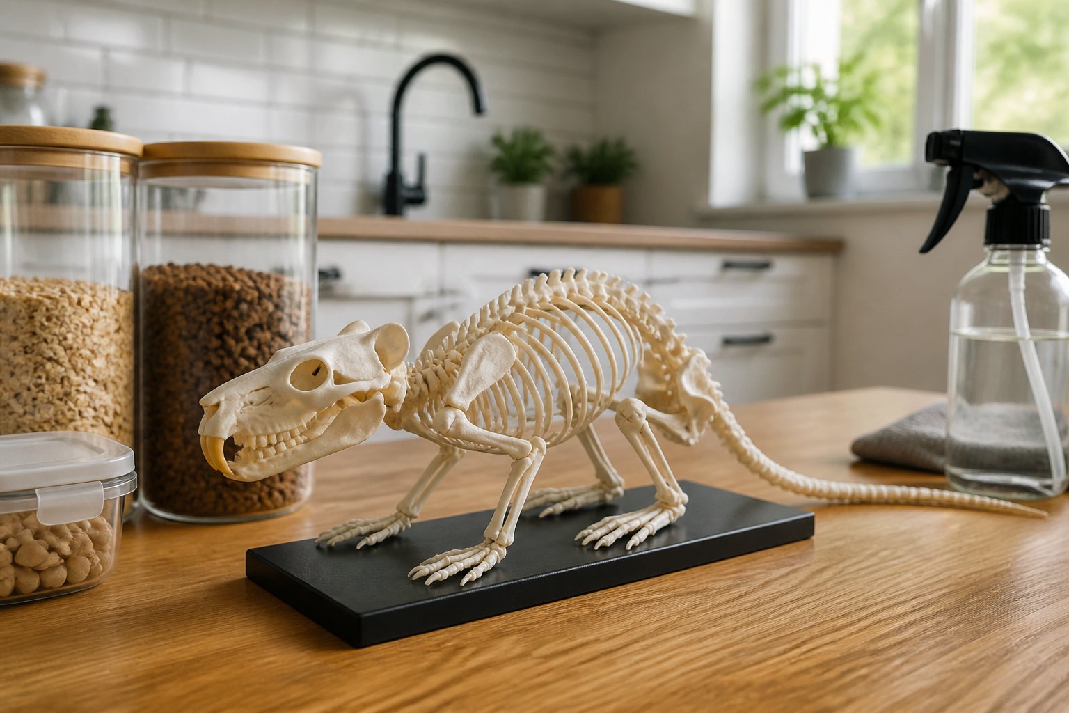 Close-up of a rat skeleton model on a wooden table in a clean modern kitchen with pest control items nearby.