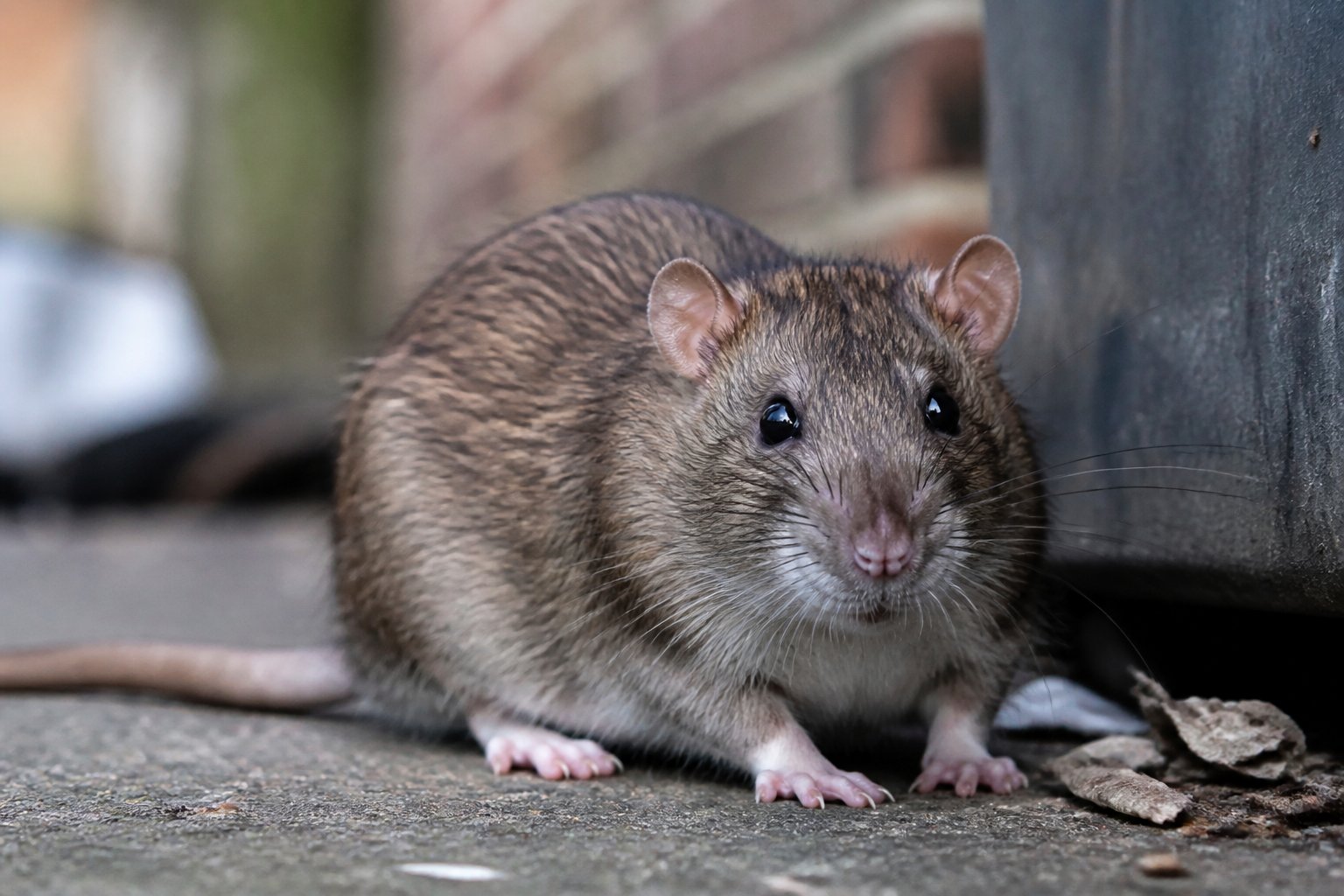 Close-up of a brown rat in an urban environment near a garbage bin with a blurred background.