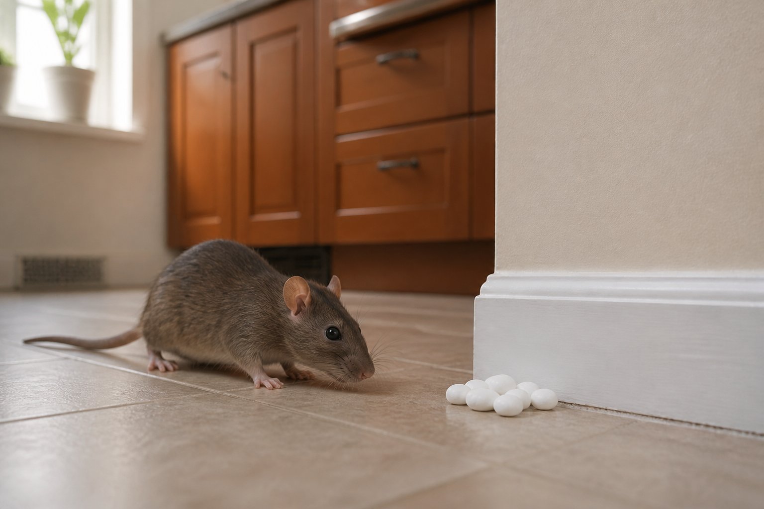 A cautious rat near a cluster of white mothballs placed on a kitchen floor by a wall.