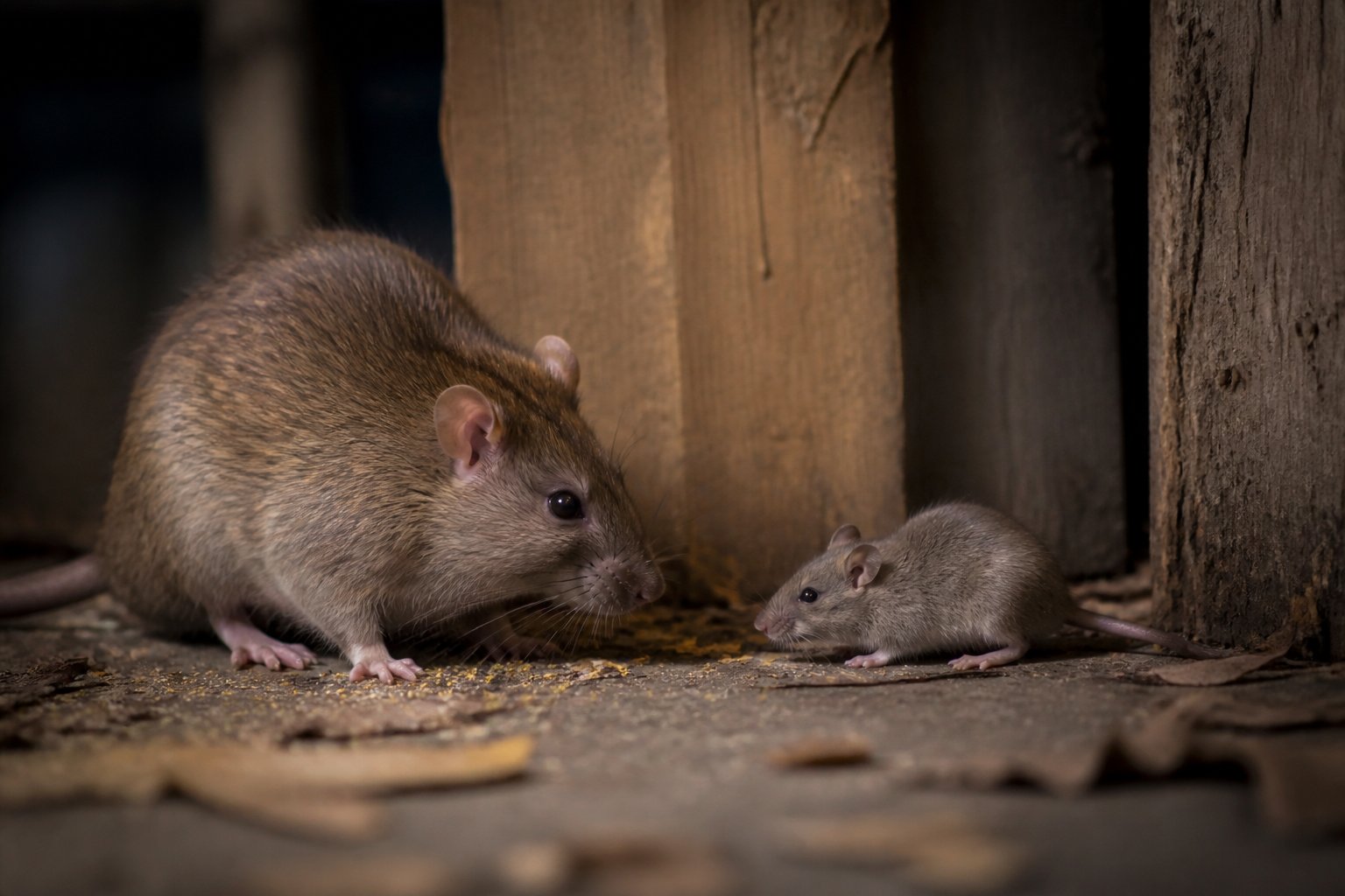 A rat and a mouse close together in a dimly lit cluttered indoor setting, showing their interaction.