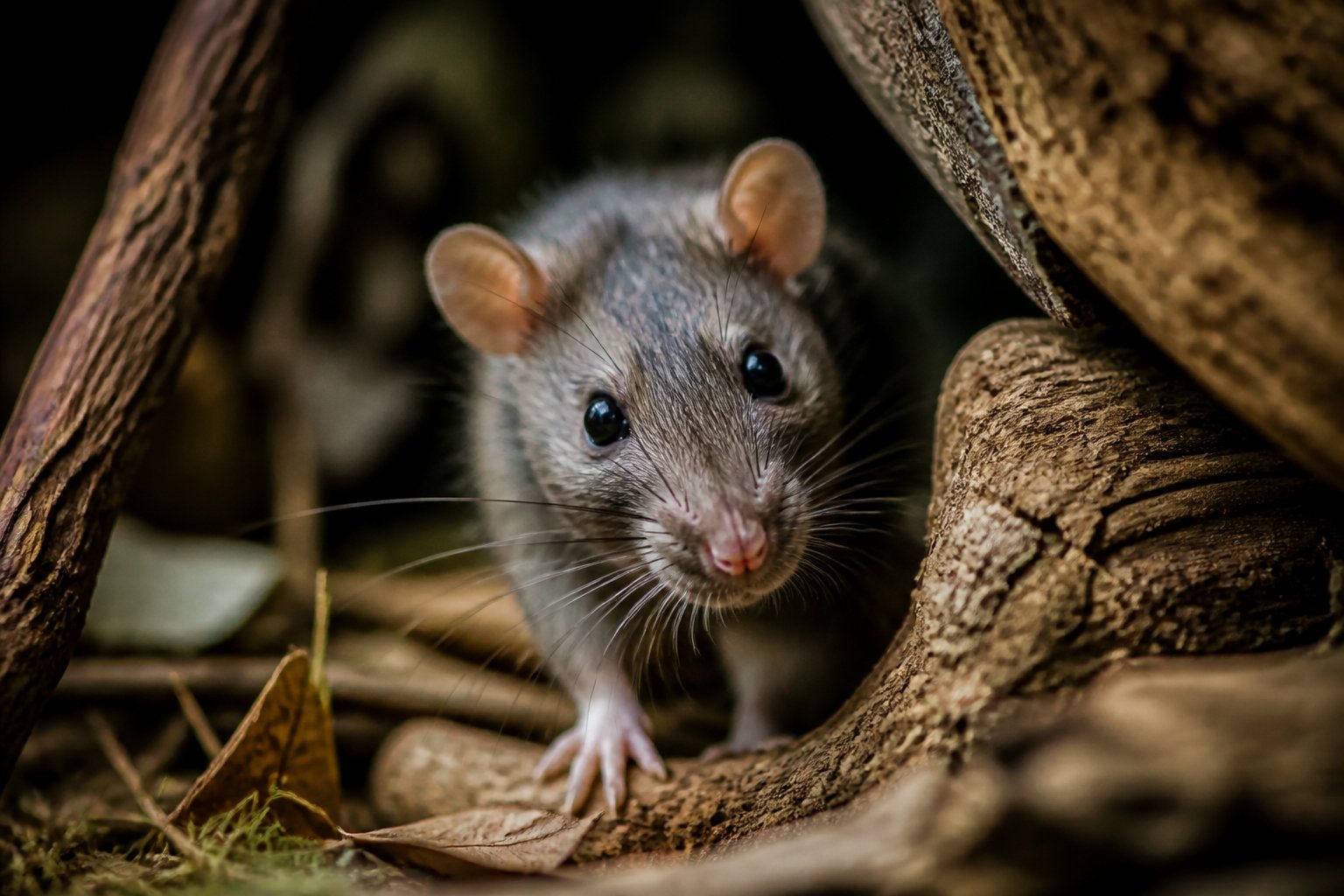 A close-up of a rat exploring a maze-like environment made of natural materials.