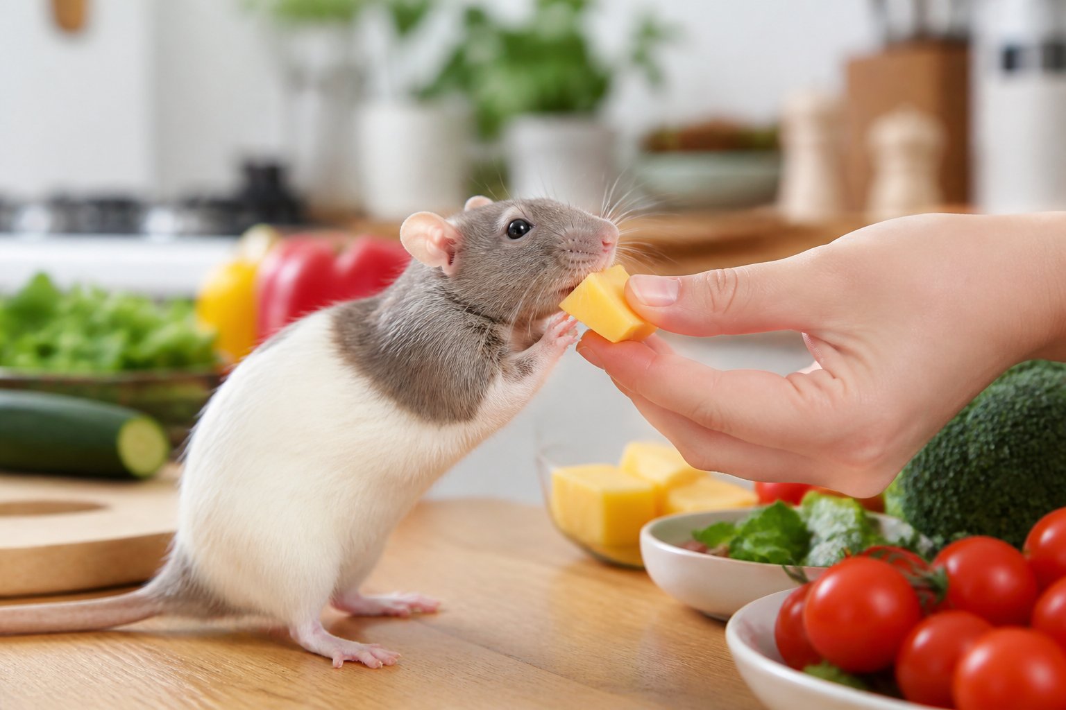 A small rat nibbling on a piece of cheese held by a human hand in a kitchen setting with fruits and vegetables in the background.