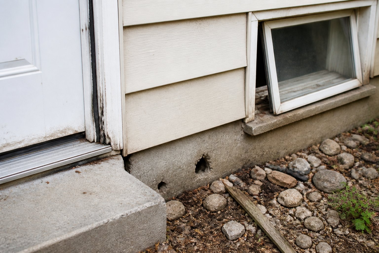 Close-up of a house exterior showing potential rat entry points like a cracked door seal, open basement window, and small holes near the foundation.