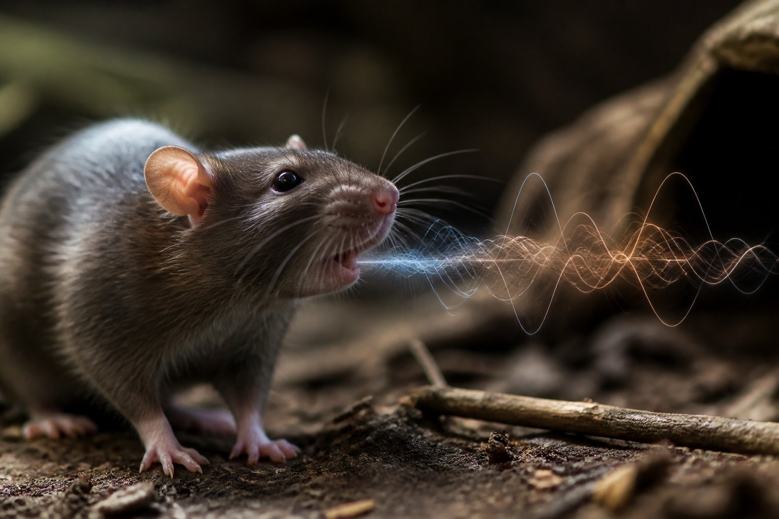 A close-up of a rat in a natural environment with visual elements suggesting it is communicating through sounds.