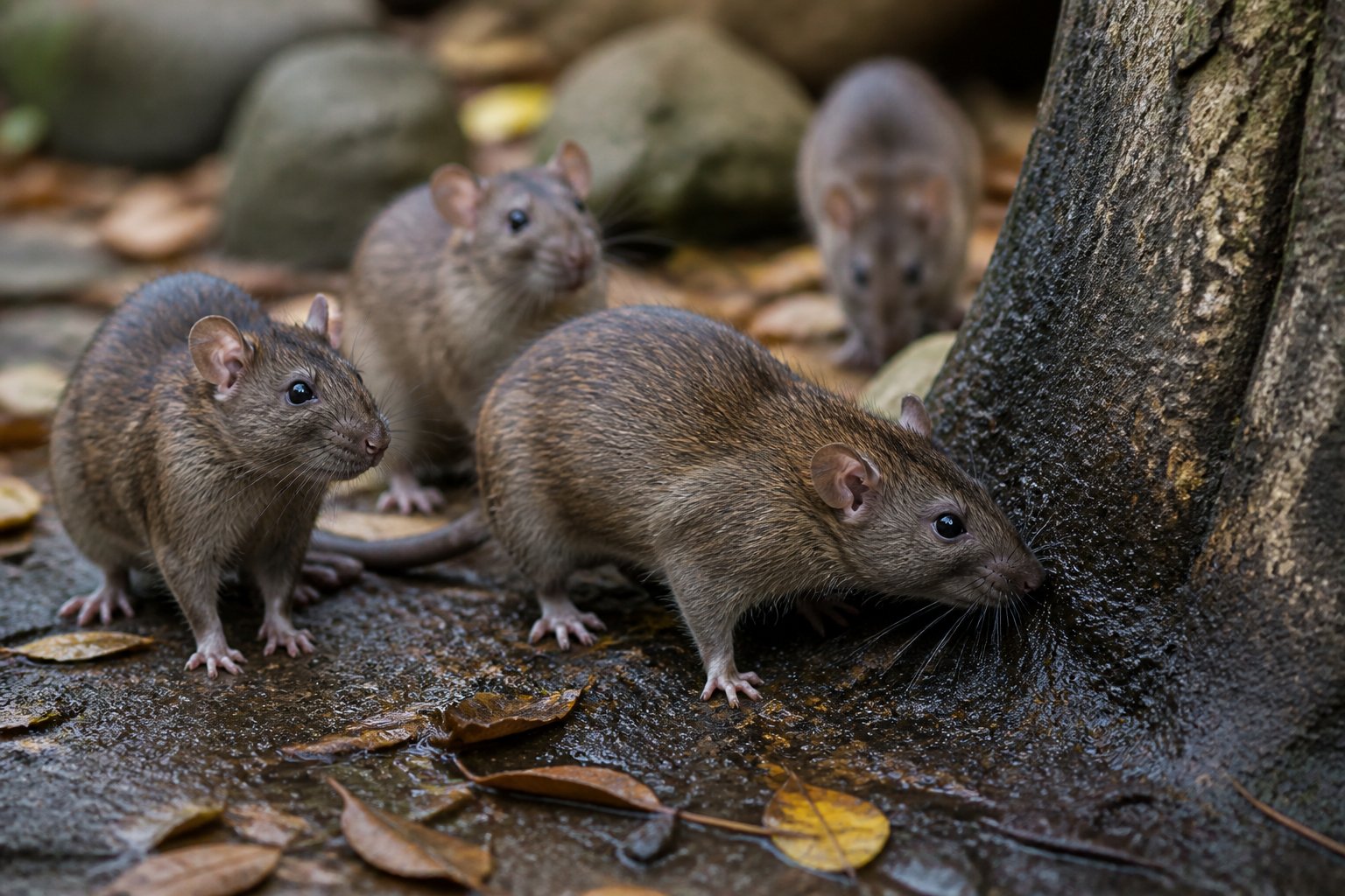 A group of rats interacting in a natural outdoor setting, with one rat sniffing a marked area on the ground.
