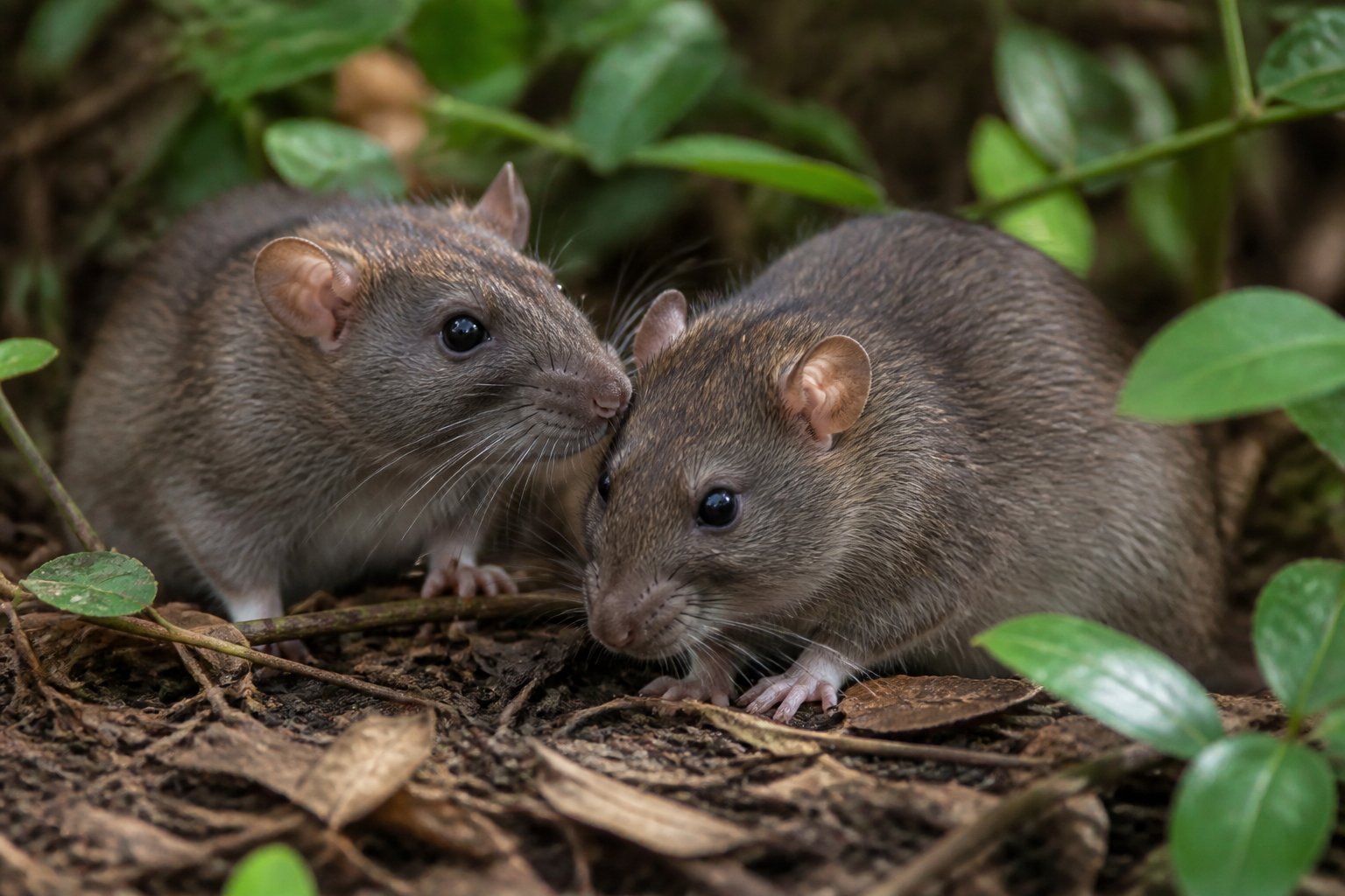Two rats interacting closely in a natural outdoor setting with leaves and soft earth around them.